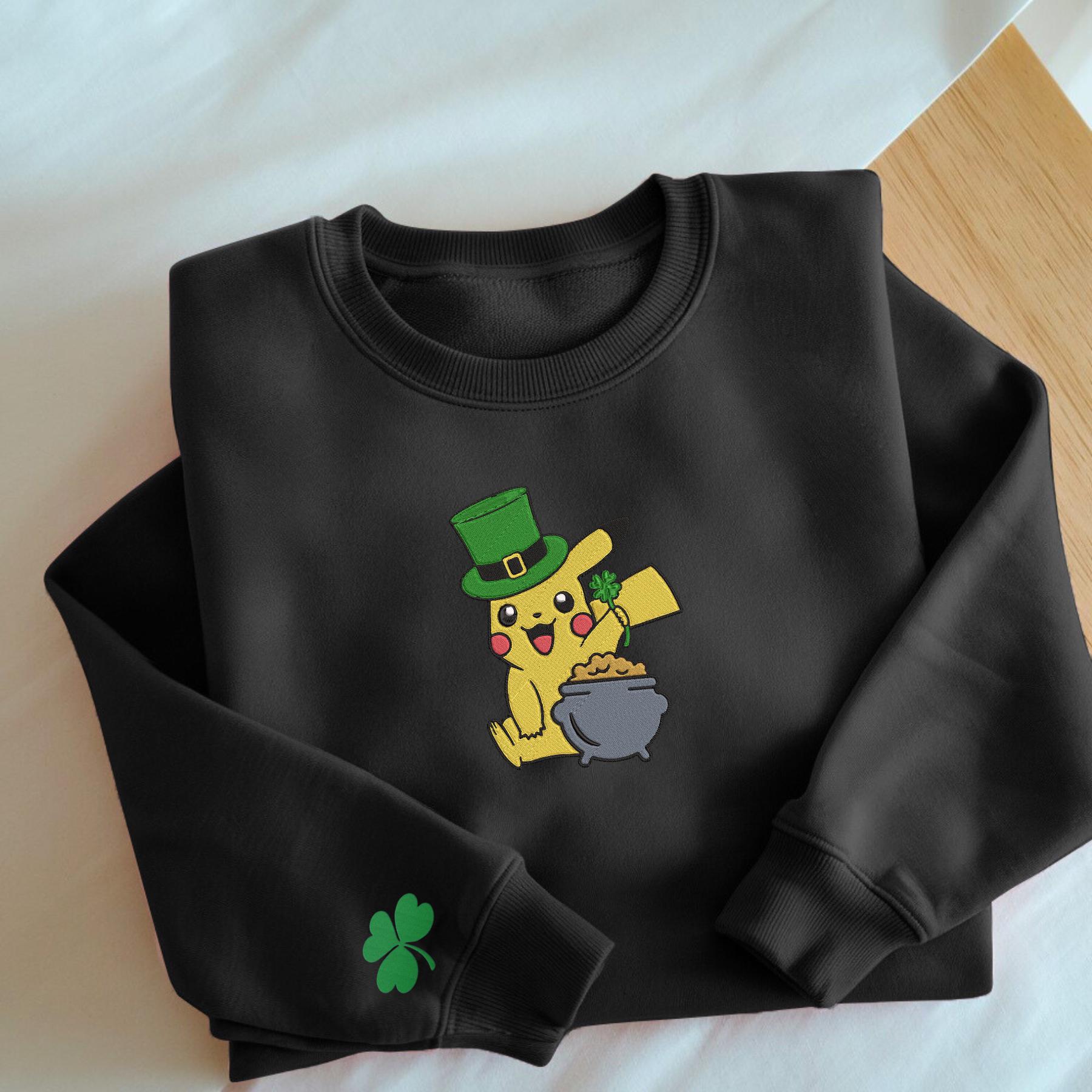 Embroidery PKM St Patricks Day Sweatshirt Four Leaf Clover On Sleeves Cute Anime Shirt Unisex Embroidery PKM St Patricks Day Sweatshirt Four Leaf Clover On Sleeves Cute Anime Shirt Unisex