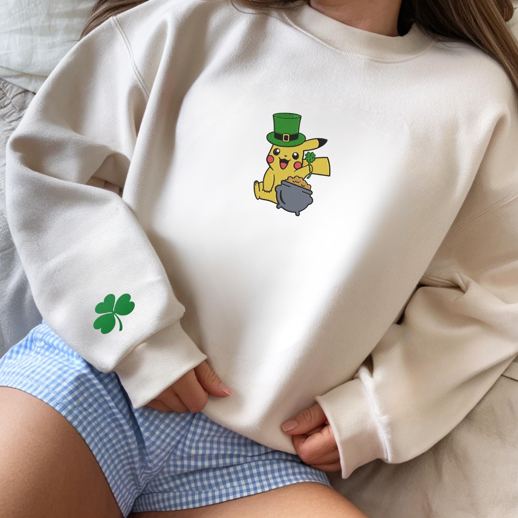 Embroidery PKM St Patricks Day Sweatshirt Four Leaf Clover On Sleeves Cute Anime Shirt Unisex
