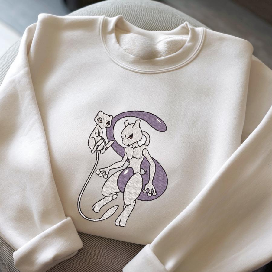 PKM Mew2 Psychic Embroidered Sweatshirt Mew Evolution Embroidery Anime Tshirt University Shirt Unisex