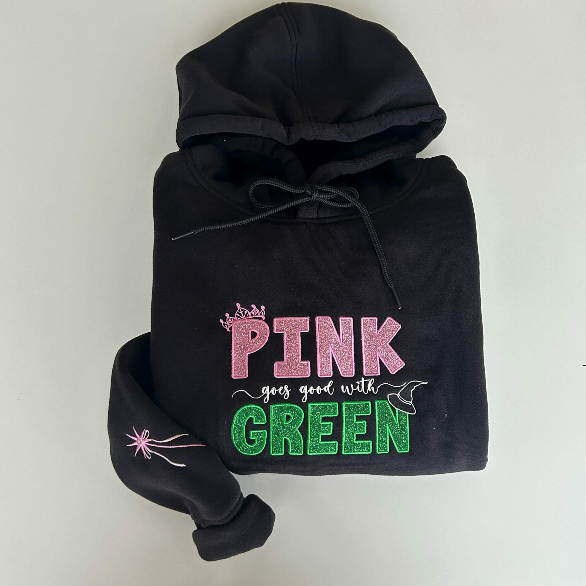Embroidery Pink Goes Good With Green Sweatshirt Wicked Musical Elphaba And Glinda Glitter Hoodies Shiz University Sweater Gift For Her