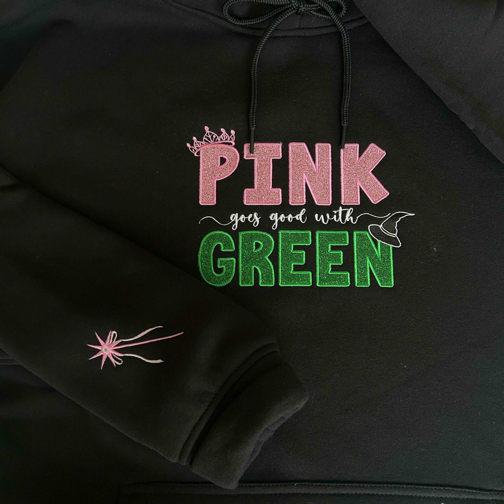 Embroidery Pink Goes Good With Green Sweatshirt Wicked Musical Elphaba And Glinda Glitter Hoodies Shiz University Sweater Gift For Her