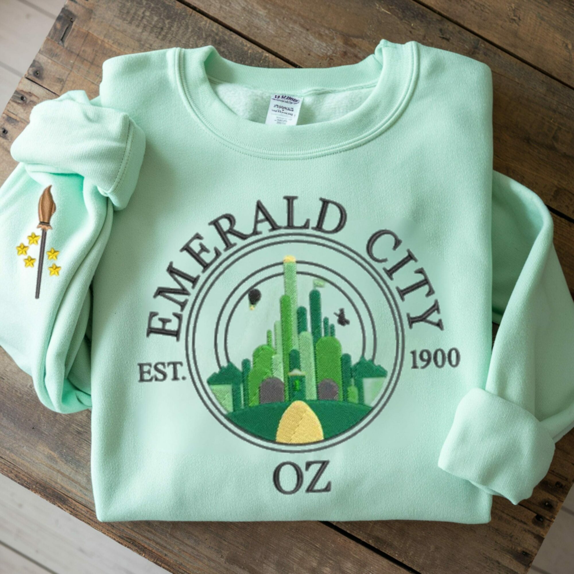 Wizard Of Oz Shirt Embroidered Emerald City Sweatshirt Broadway Musical Theater Elphaba And Glinda Crewneck Hoodie Defy Gravity Gift