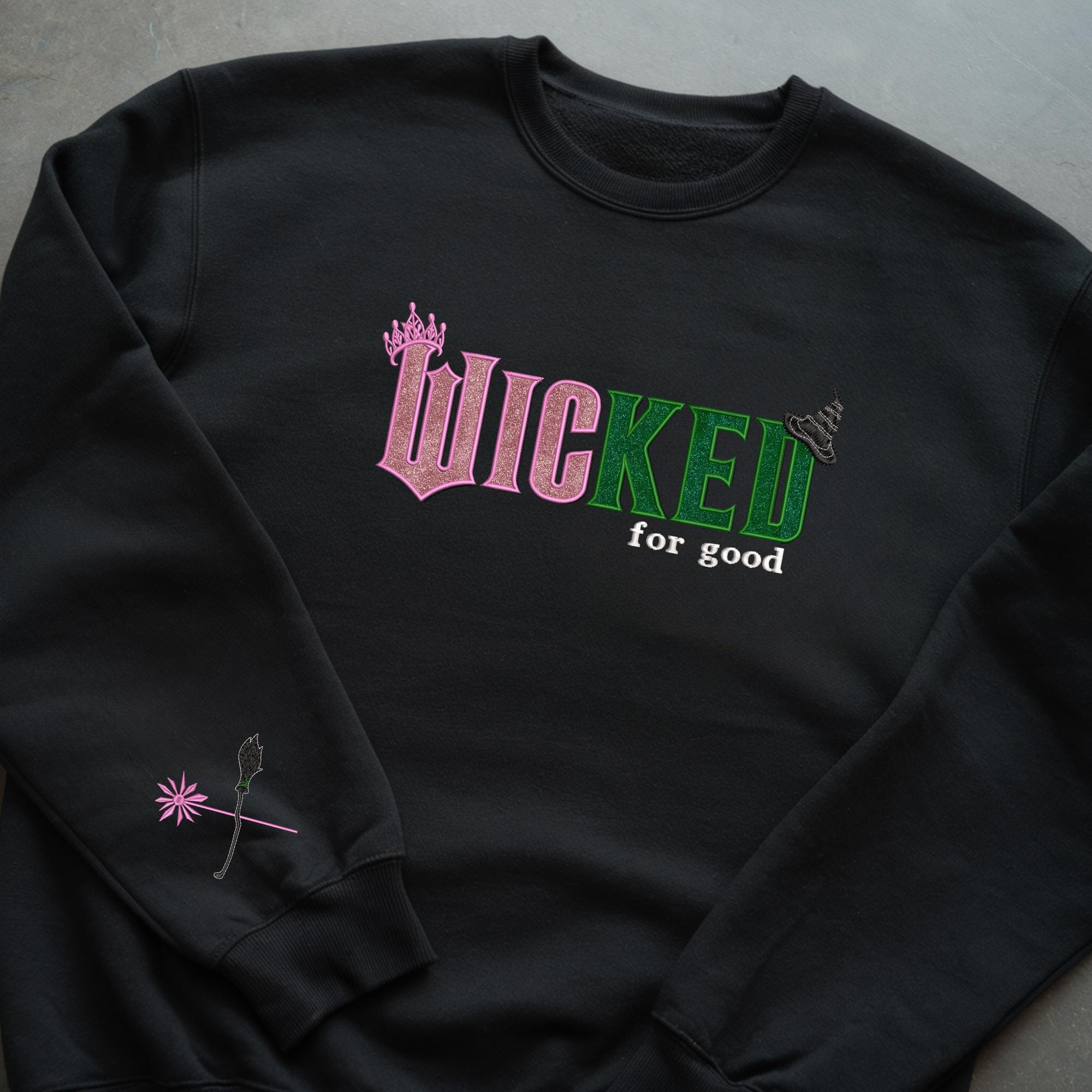 Wicked For Good Glitter Embroidered Sweatshirt Broomstick Magic Wand Hoodie Wizard Of Oz Movie Fan Shirt Part Two Elphaba Glinda