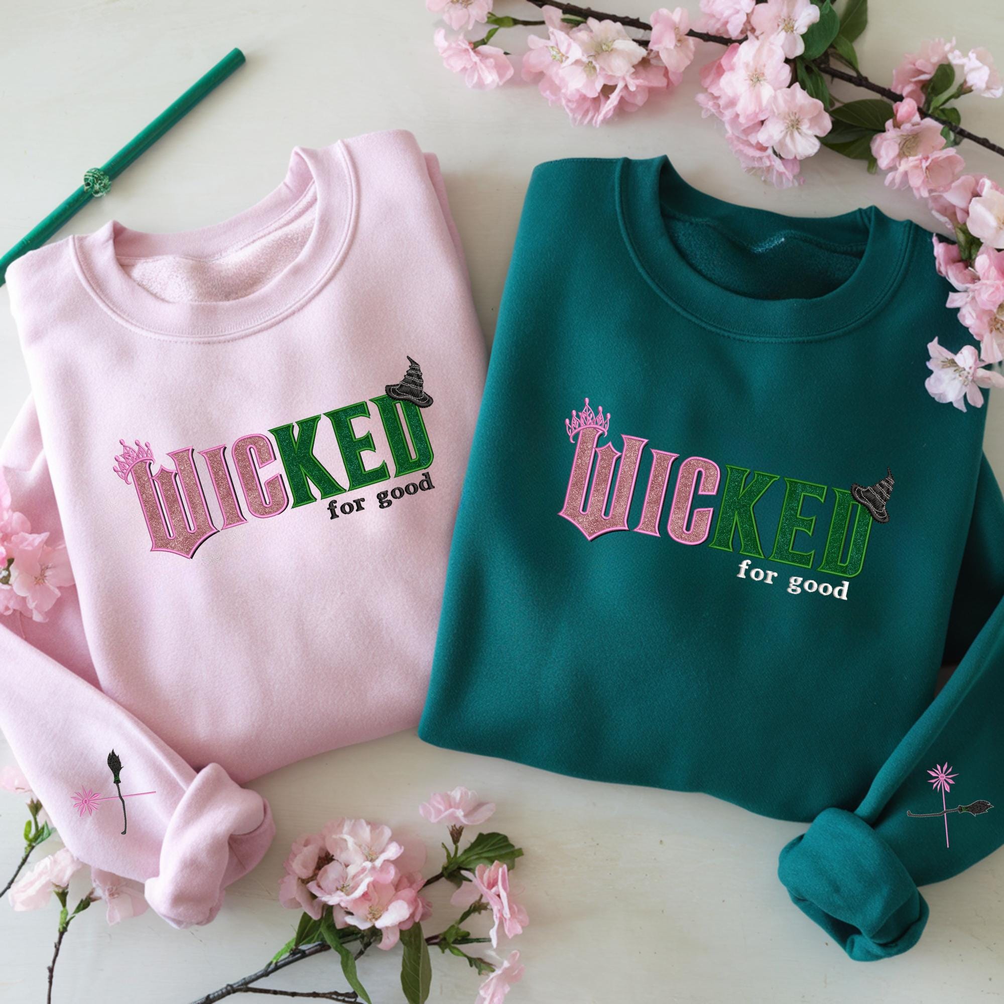 Wicked For Good Glitter Embroidered Sweatshirt Broomstick Magic Wand Hoodie Wizard Of Oz Movie Fan Shirt Part Two Elphaba Glinda
