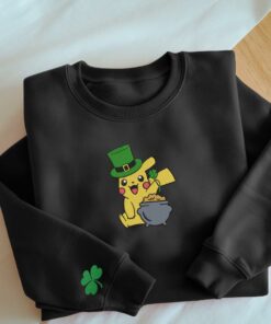 Embroidery PKM St Patricks Day Sweatshirt Four Leaf Clover On Sleeves Cute Anime Shirt Unisex