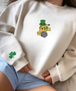 Embroidery PKM St Patricks Day Sweatshirt Four Leaf Clover On Sleeves Cute Anime Shirt Unisex