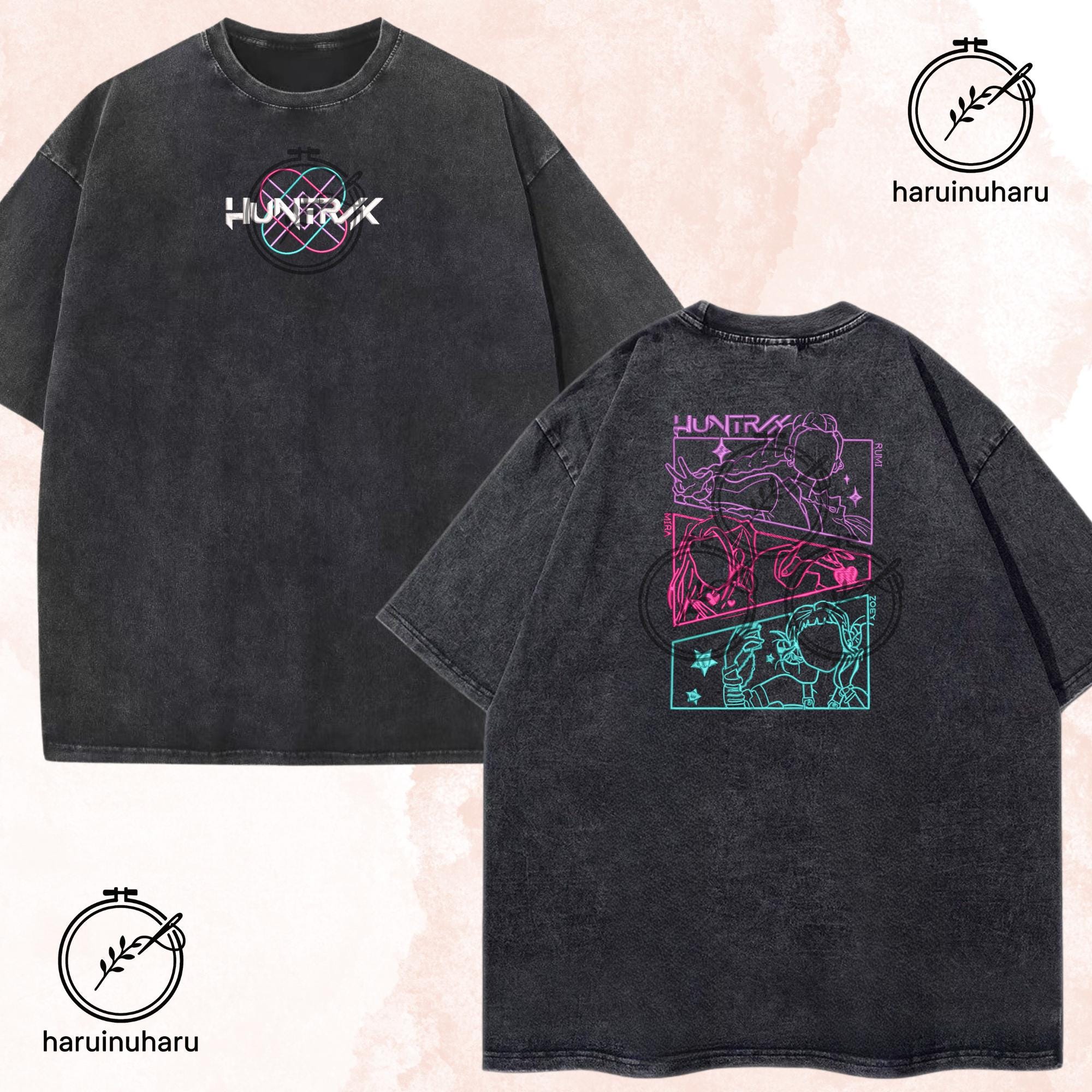 Embroidered KPOP Band Huntrix Washed TShirt Demon Hunter Line Art Tee Fan Shirt Saja Girls Mira Rumi Zoey Gift For Him