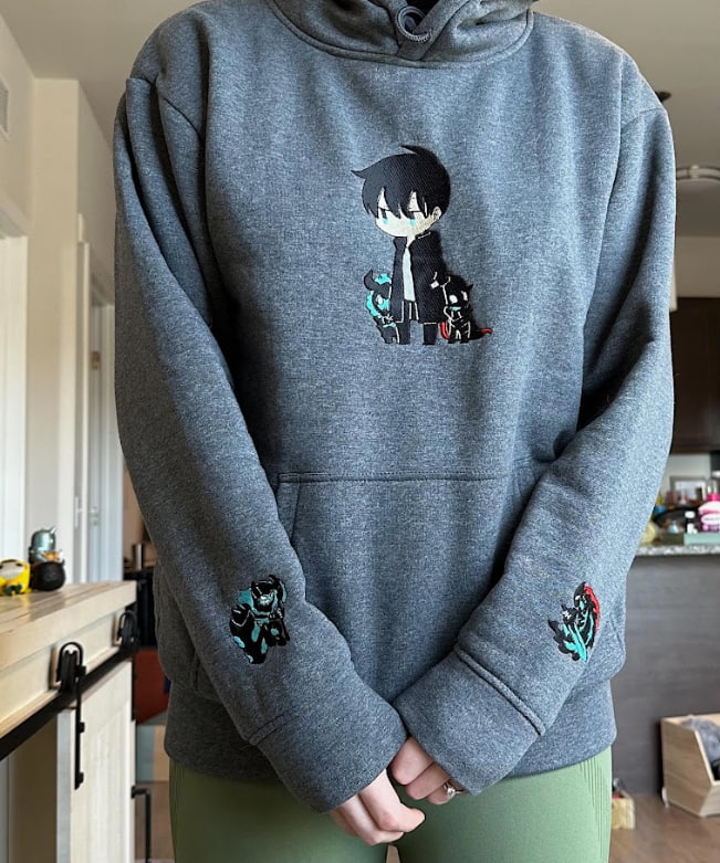 Embroidered Anime Double Dungeon Shirt Design On The Sleeves photo review