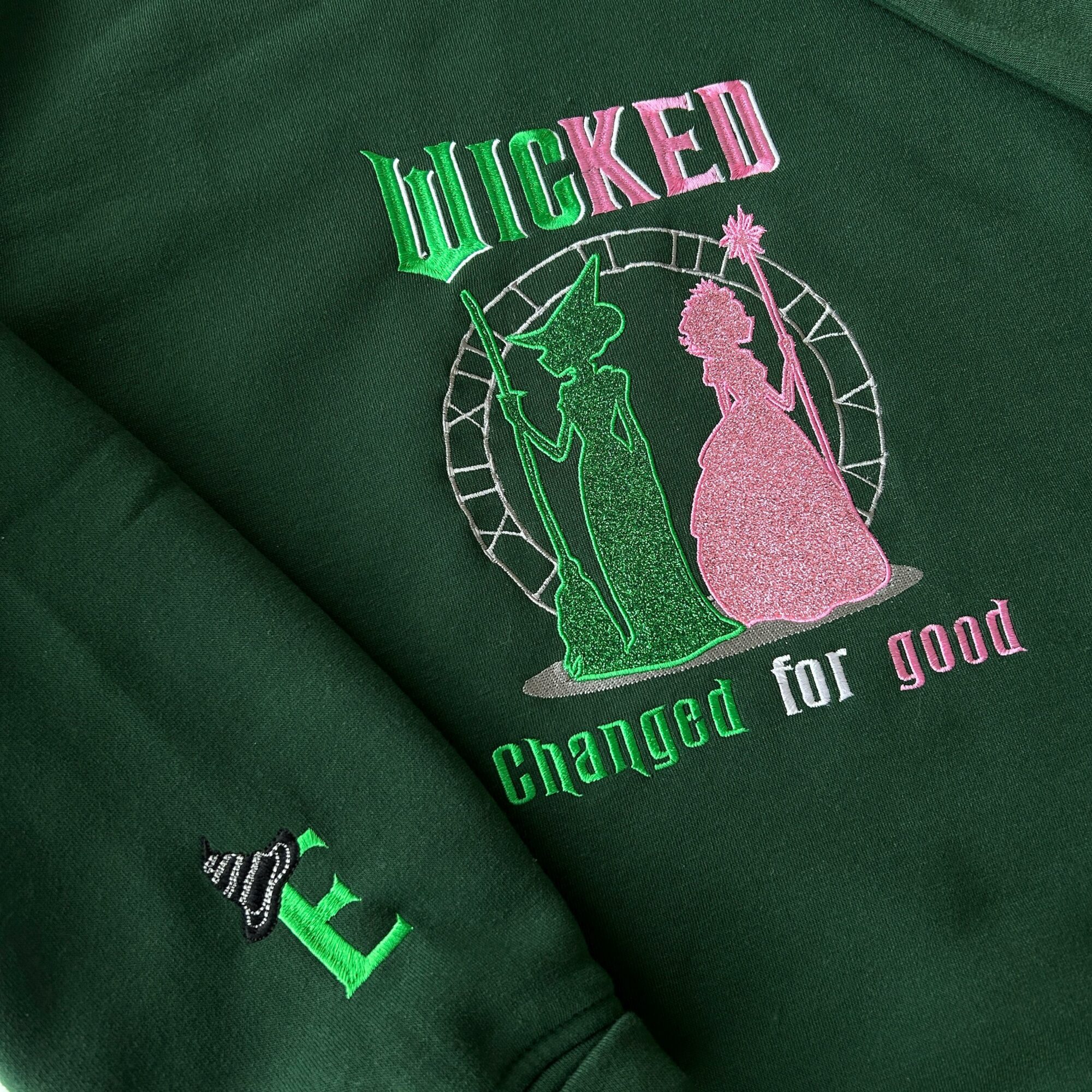 Wicked Changed For Good Glitter Embroidered Sweatshirt Elphaba And Glinda Embroidery On Sleeve