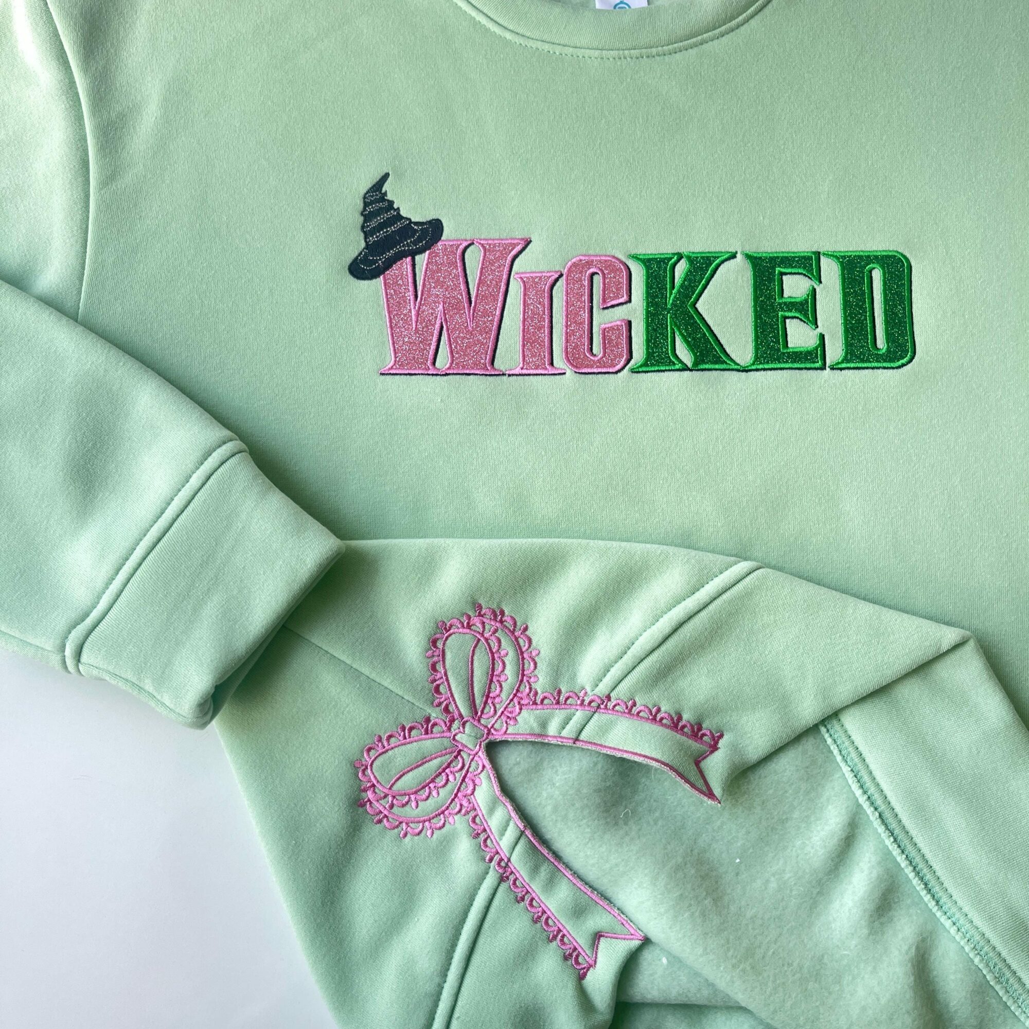 Wicked Glitter Colorful Side Bow Embroidered Sweatshirt Elphaba Glinda Defy Gravity Halloween Gift