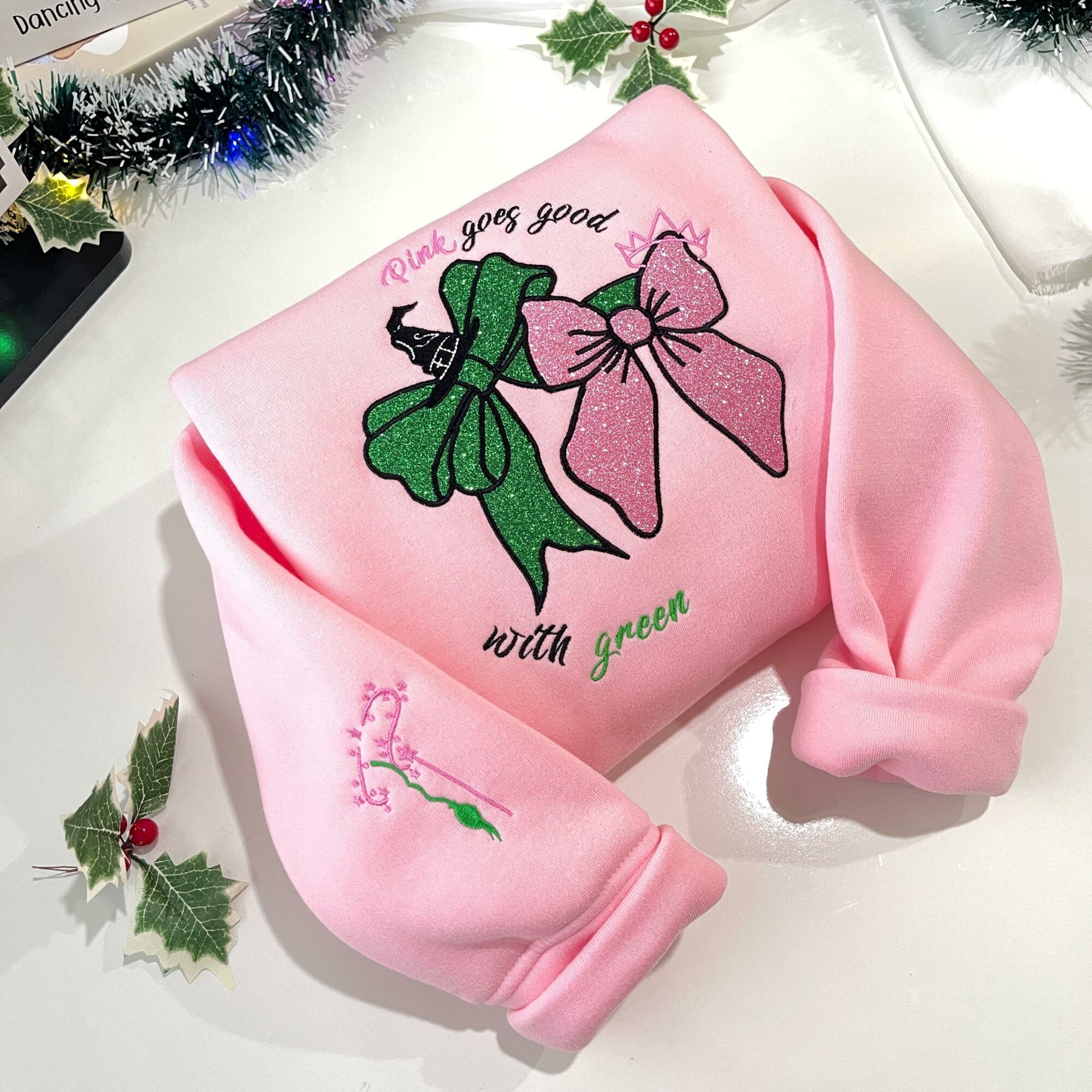 Pink Goes Good With Green Wicked Glitter Embroidered Sweatshirt Elphaba And Glinda Hoodie