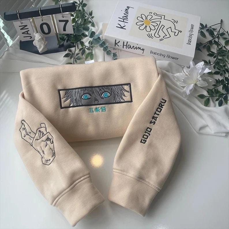 Limitless Cursed Technique Embroidered Sweatshirt Six Eyes Anime Crewneck Sorcery Battle Gift For Manga & Lovers