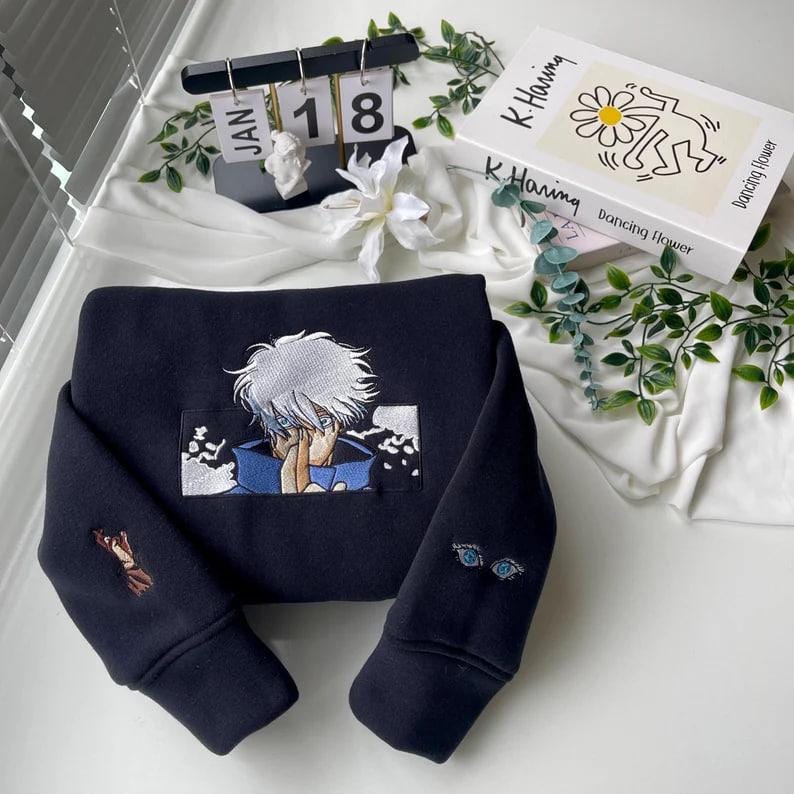 Limitless Cursed Technique Embroidered Sweatshirt Six Eyes Anime Crewneck Sorcery Battle-Inspired Perfect Gift For Manga & Fans.