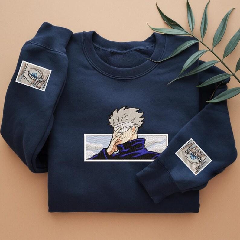 Limitless Cursed Technique Embroidered Sweatshirt Six Eyes Sorcery Battle Crewneck Anime-Inspired Gift For Manga & Anime Fans.