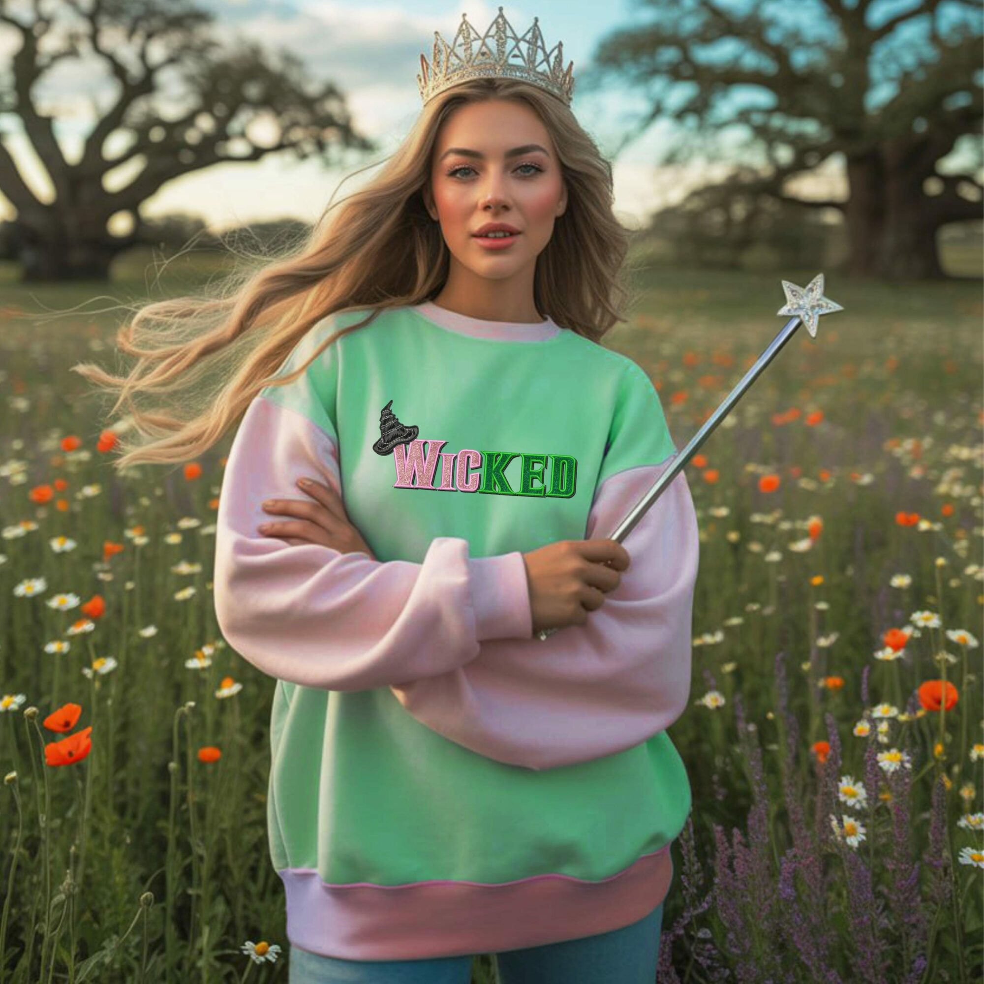 Wicked For Good Glitter Embroidered Color Block Sweatshirt Elphaba Glinda Two Tone Hoodie