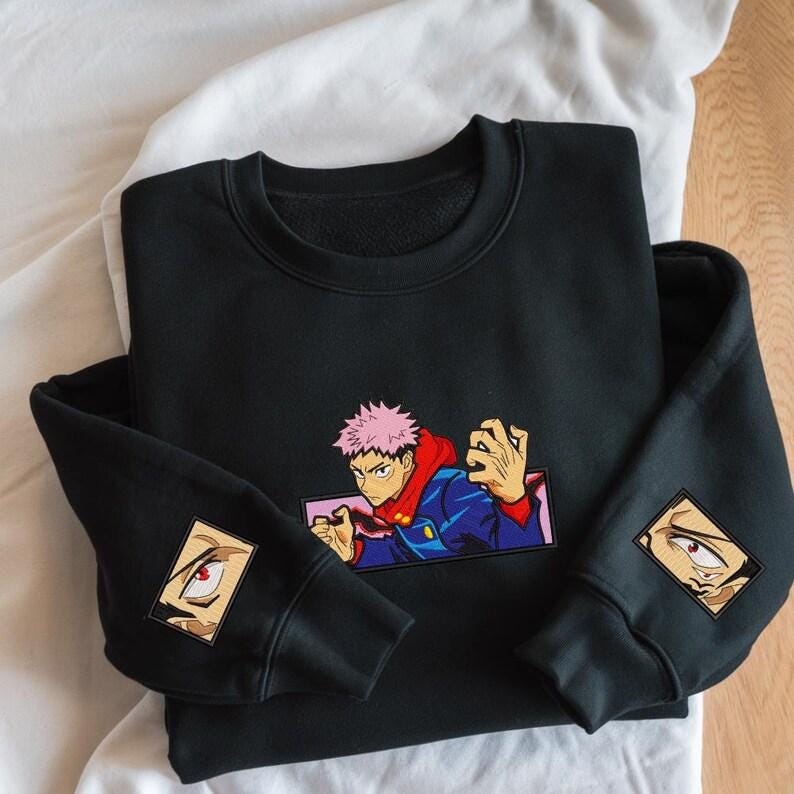 King Of Curses Embroidered Sweatshirt Malevolent Shrine-Inspired Sorcery Battle Anime Sweater Perfect Gift For Manga & Fans.