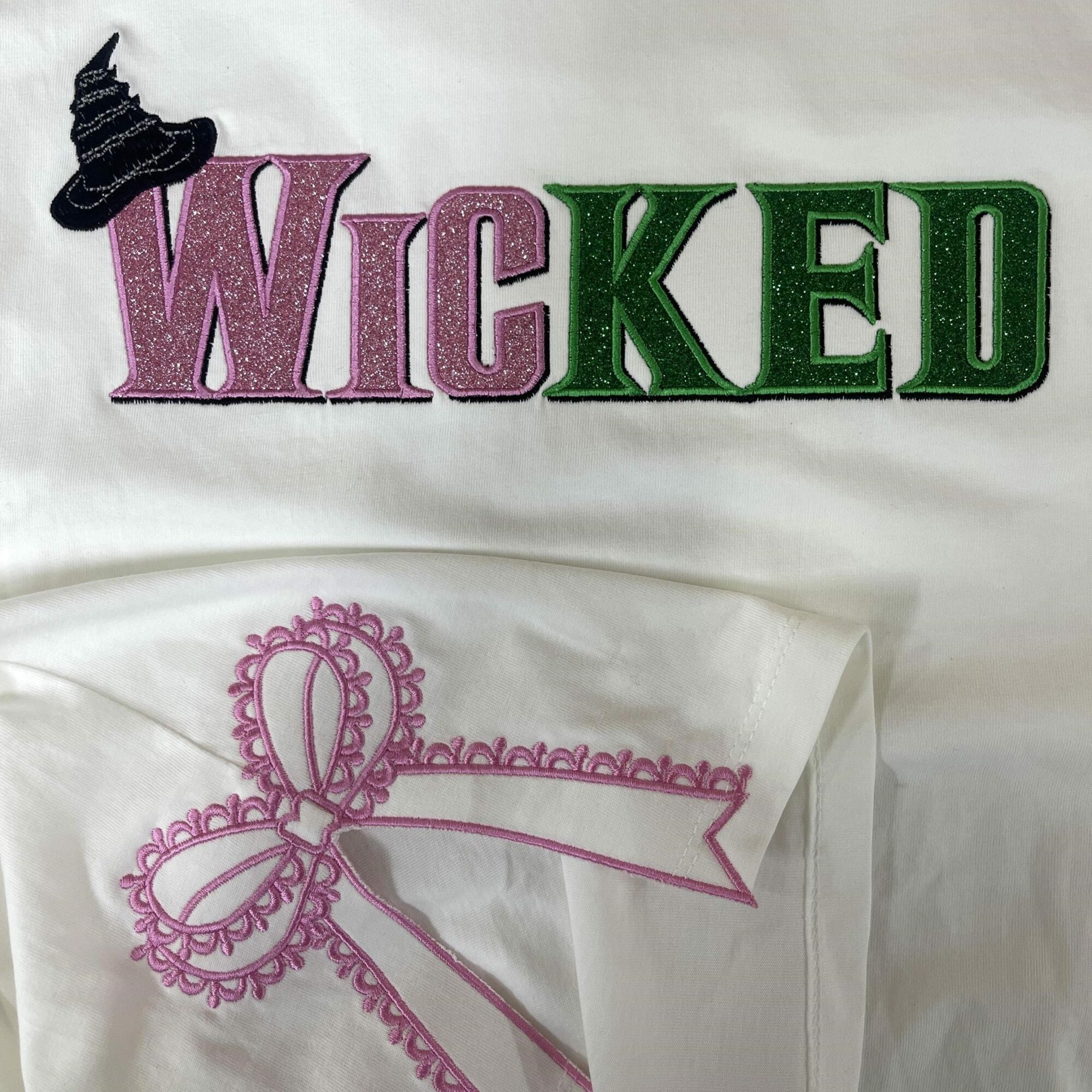 Wicked Glitter Colorful Side Bow Embroidered Sweatshirt, Elphaba Glinda Defy Gravity, Halloween Gift