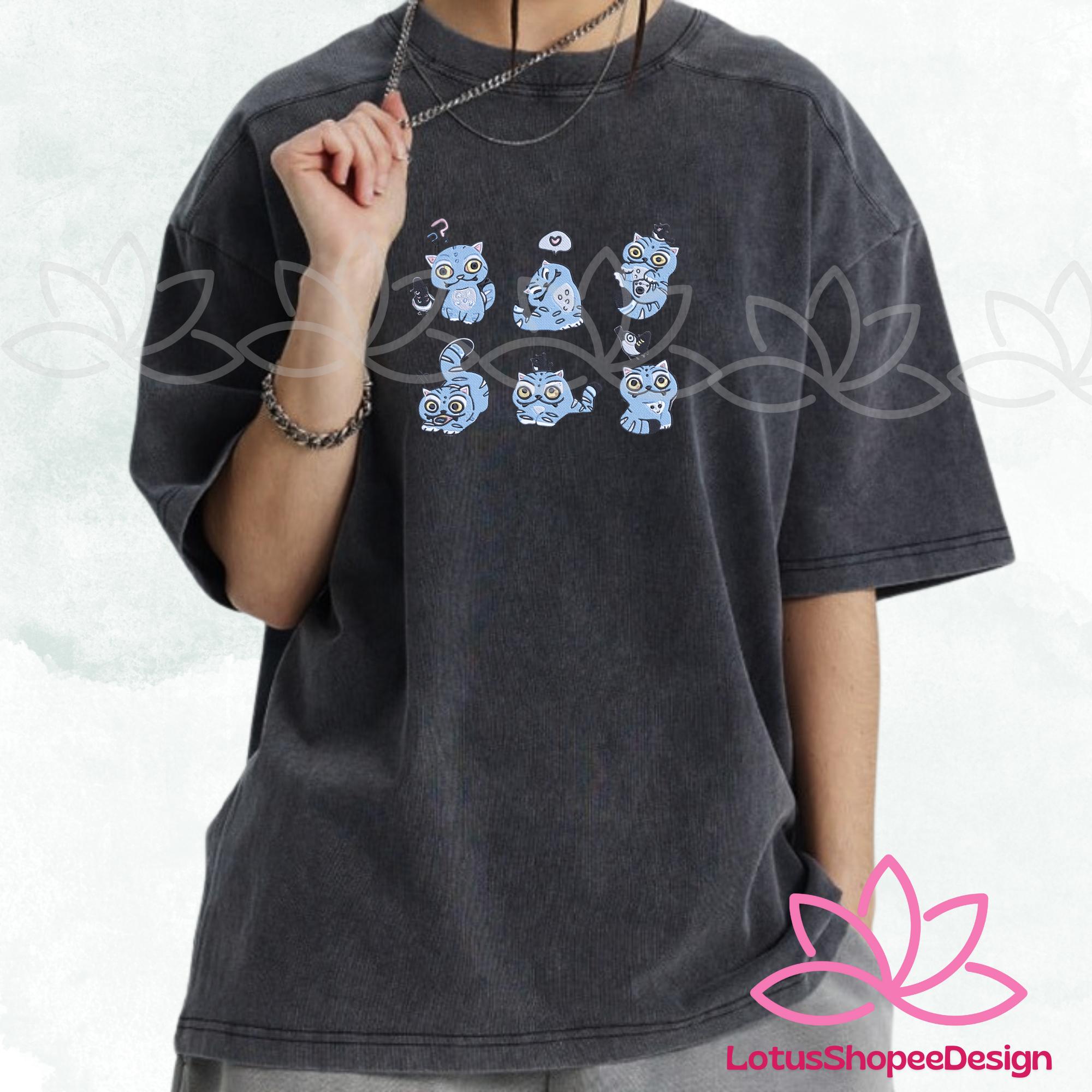 Six Cute Cats And Birds Demon Hunter Embroidered Washed TShirt