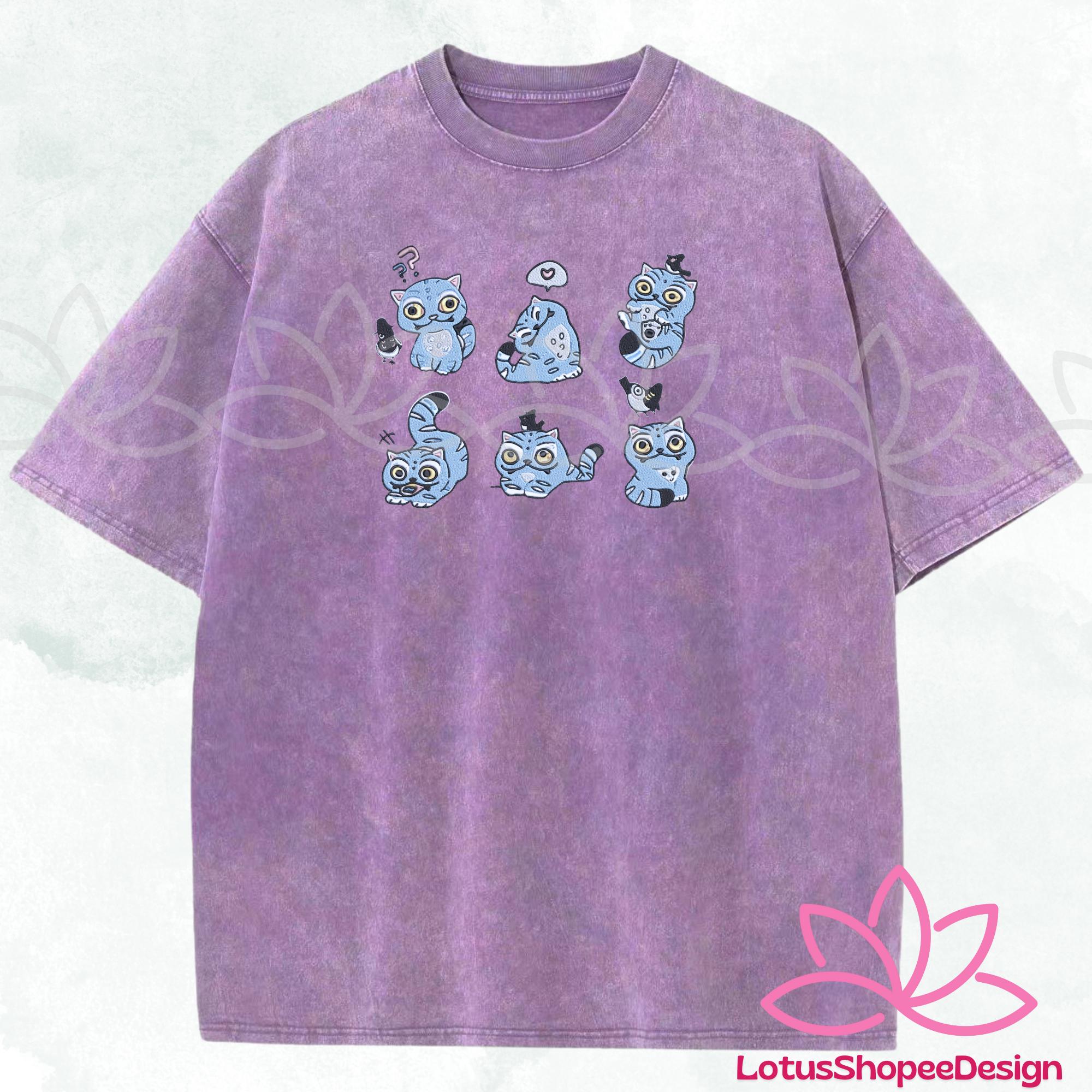 Six Cute Cats And Birds Demon Hunter Embroidered Washed TShirt