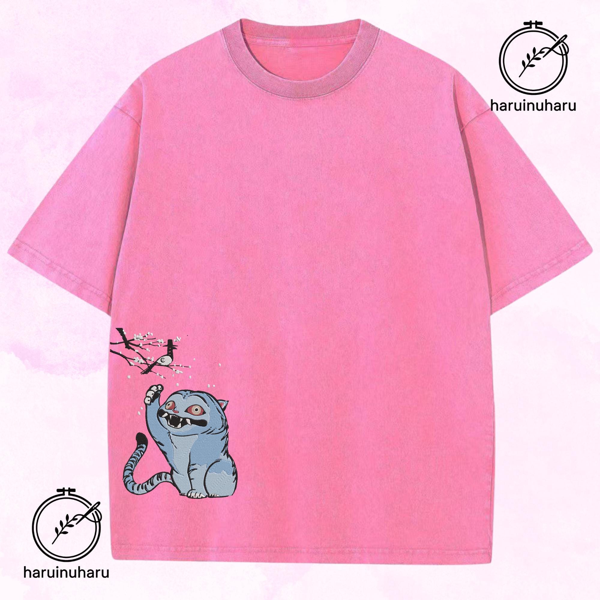 Embroidered Tiger And Bird Washed Shirt KPOP Demon Hunter Tee