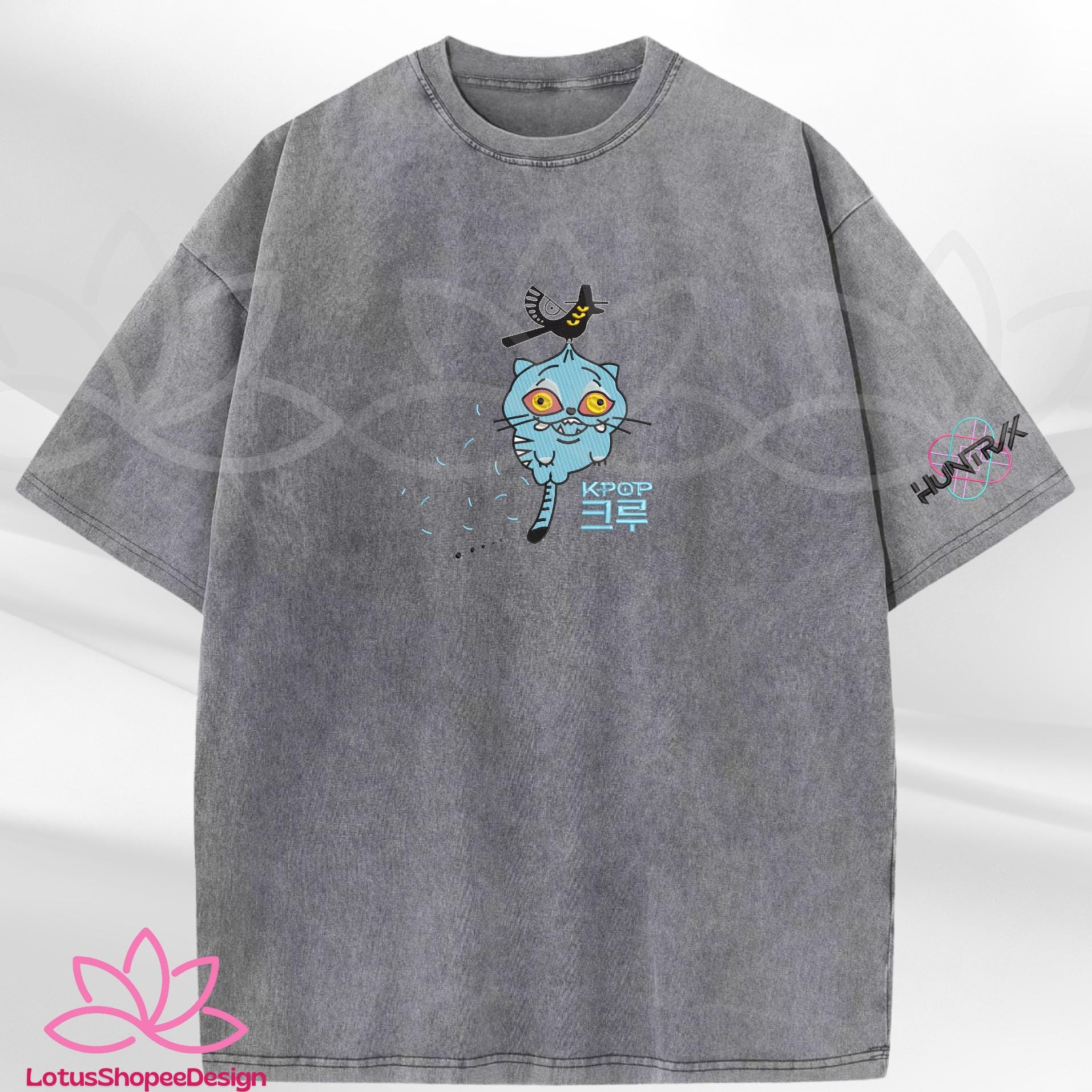 Cute Derpy Tiger And Bird Demon Hunter Embroidery TShirt Huntrix Logo On The Sleeve