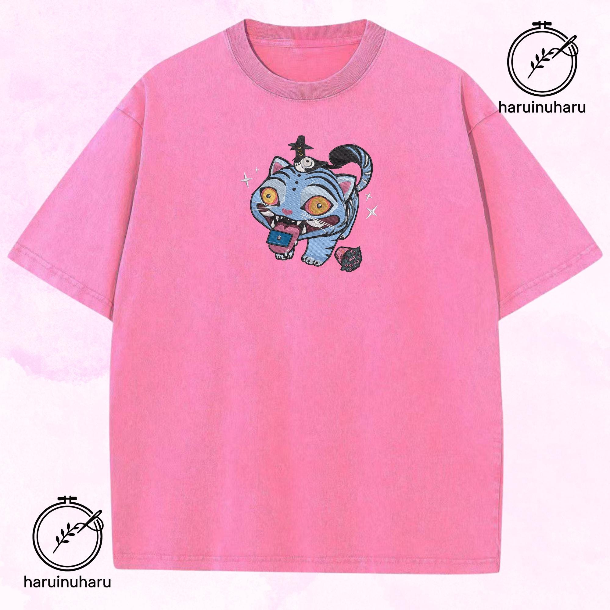 Embroidered Cat And Bird Demon Hunter Washed TShirt Hunters Tiger Tee