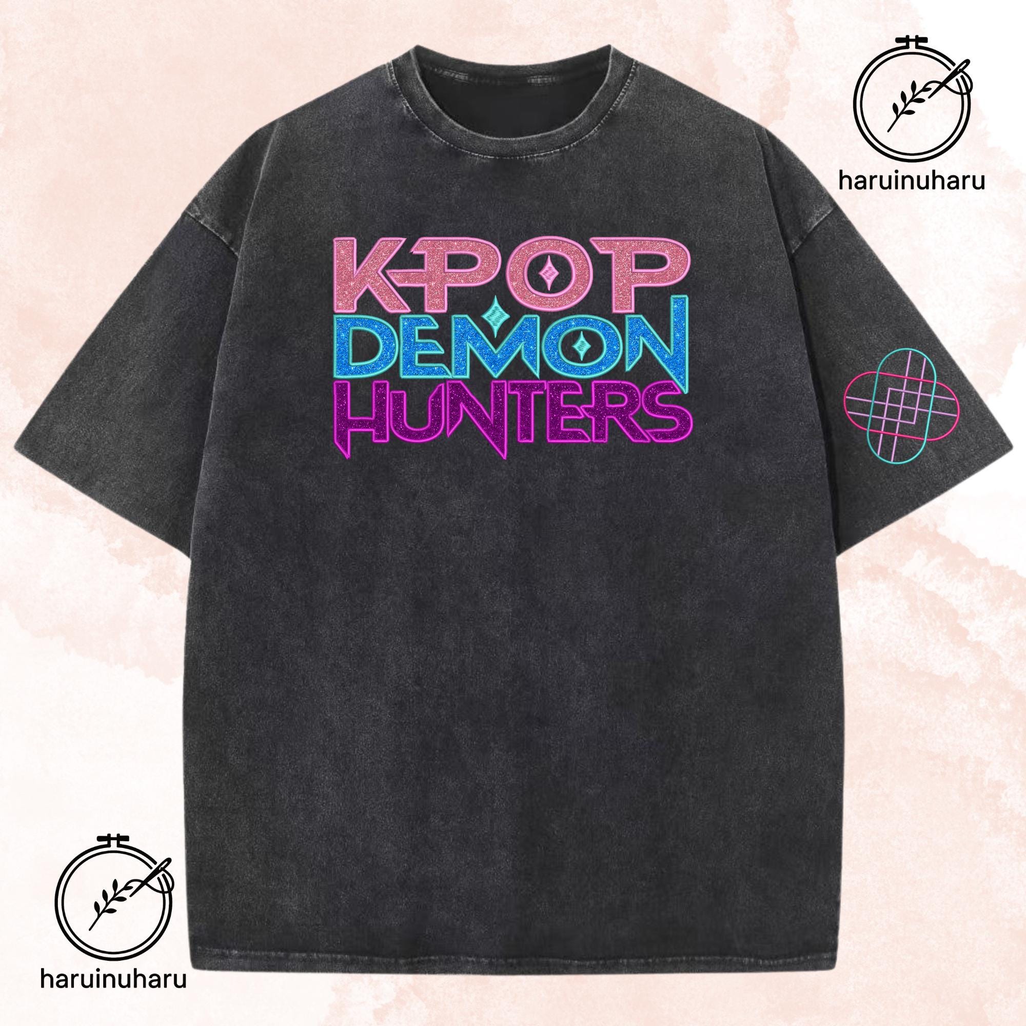 Glitter Embroidered KPOP Band Huntrix Washed TShirt Demon Hunter Design