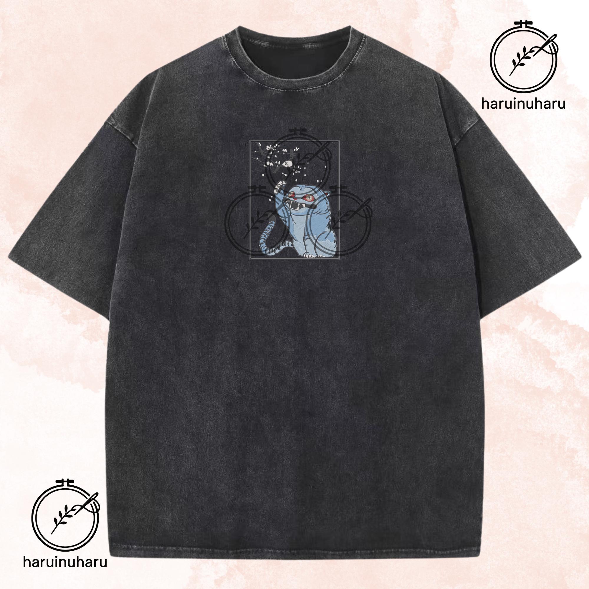 Embroidered KPOP Demon Hunter Washed Shirt Funny Derpy Tiger TShirt