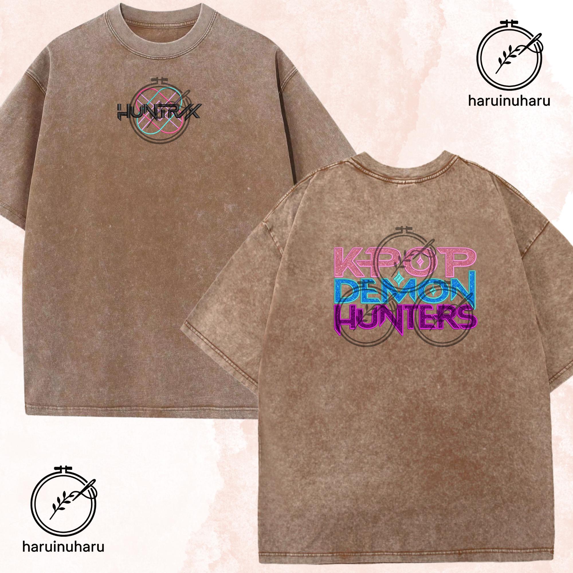 Glitter Embroidered KPOP Band Huntrix Washed TShirt Demon Hunter Logo Design