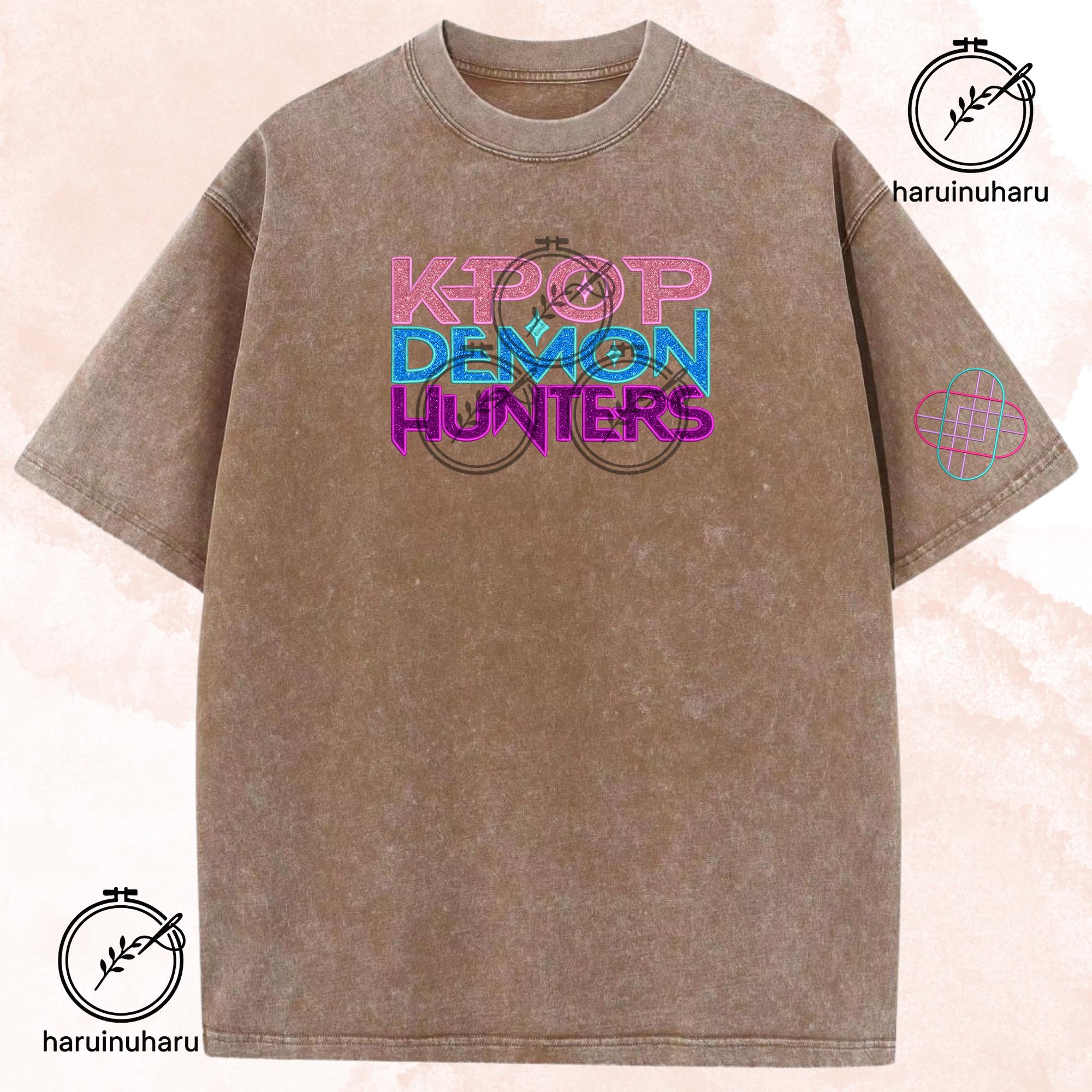 Glitter Embroidered KPOP Band Huntrix Washed TShirt Gift For Her