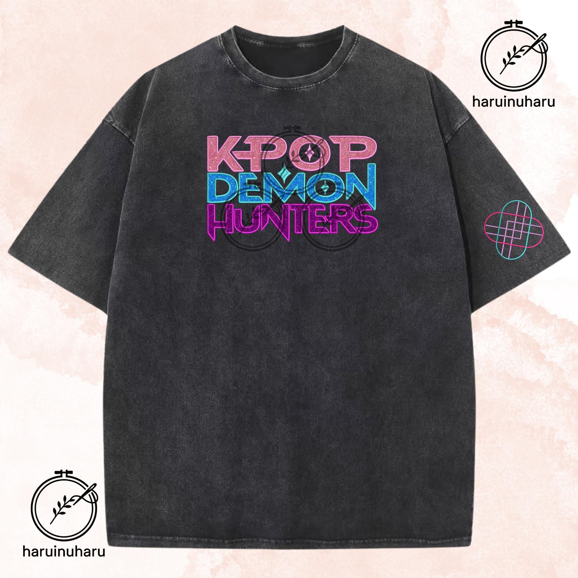 Glitter Embroidered KPOP Band Huntrix Washed TShirt Gift For Her