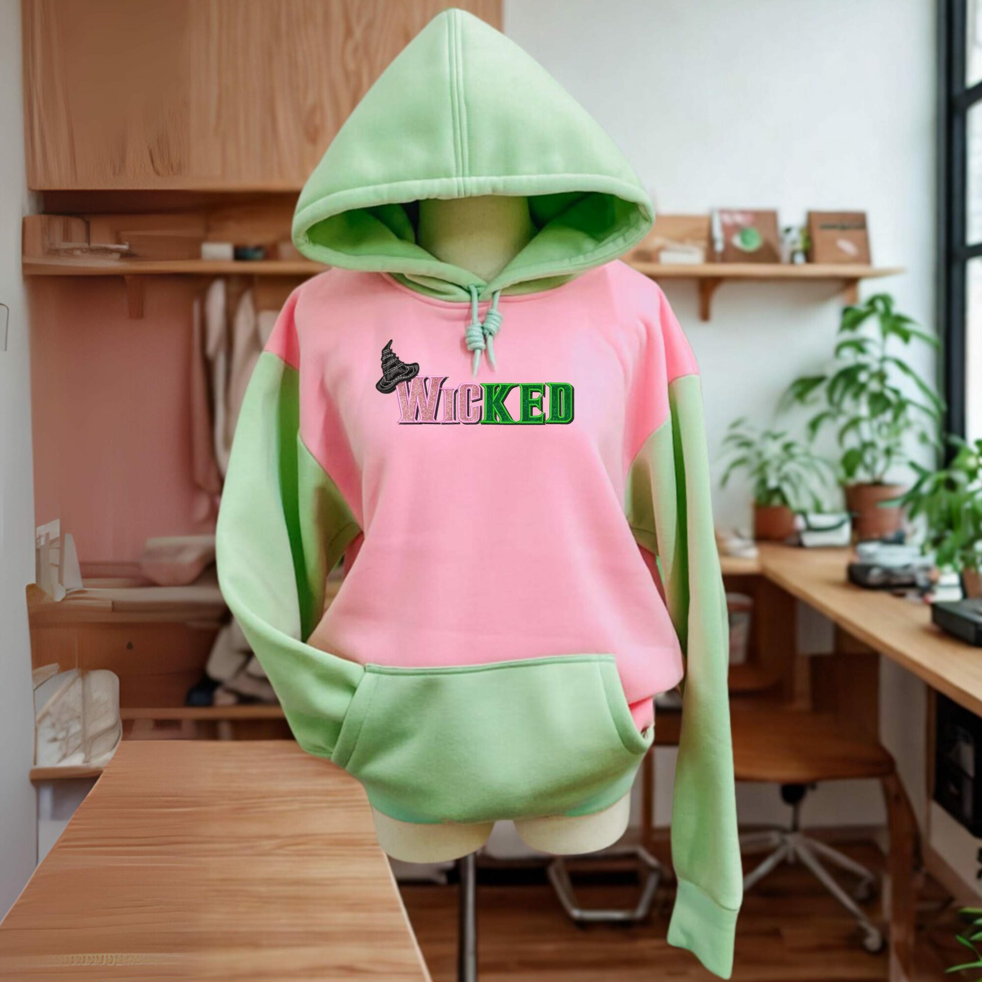 Wicked For Good Glitter Embroidered Color Block Sweatshirt Elphaba Glinda Two Tone Hoodie