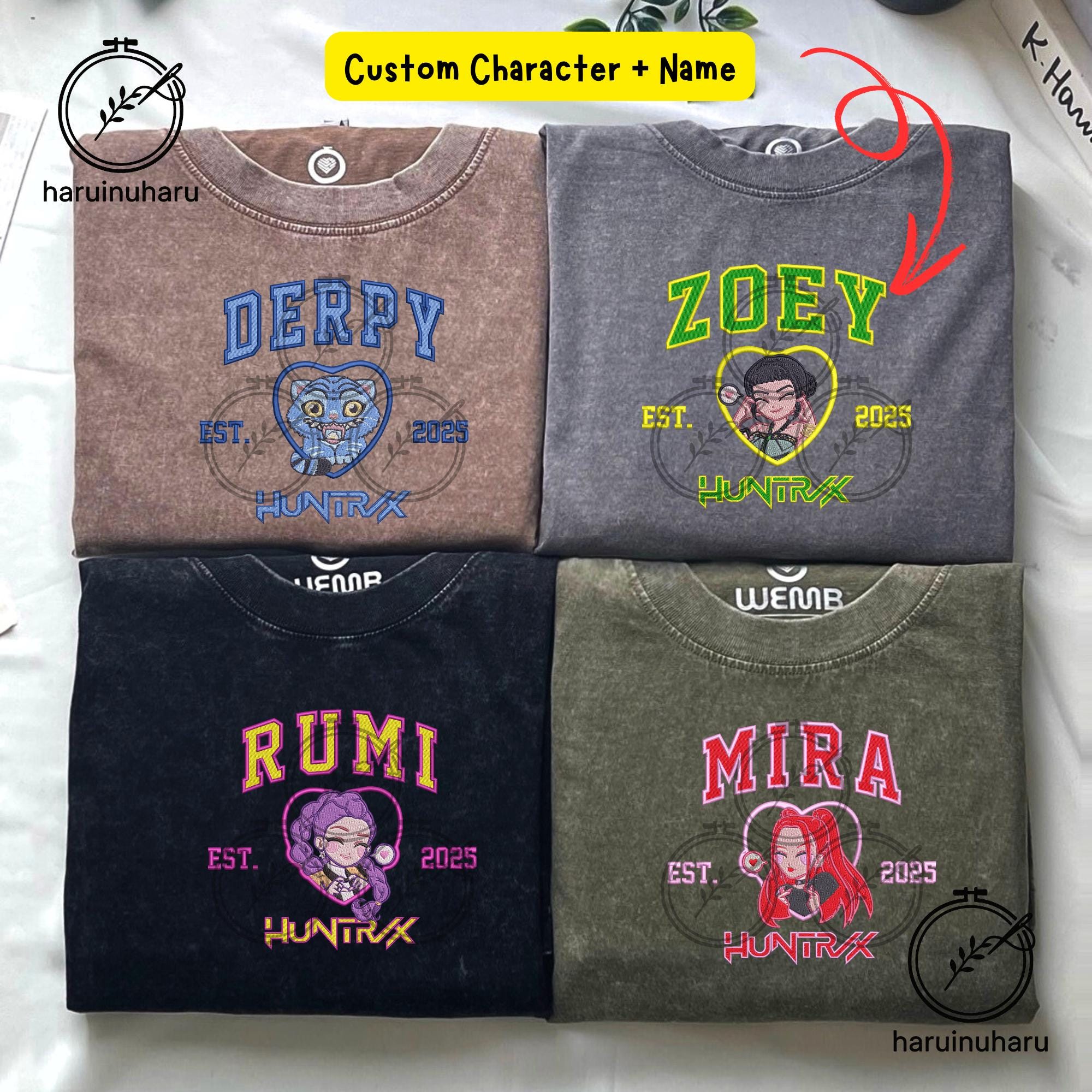 Custom Embroidered KPOP Band Huntrix Washed TShirt Saja Girls Mira Rumi Zoey Gift For Her