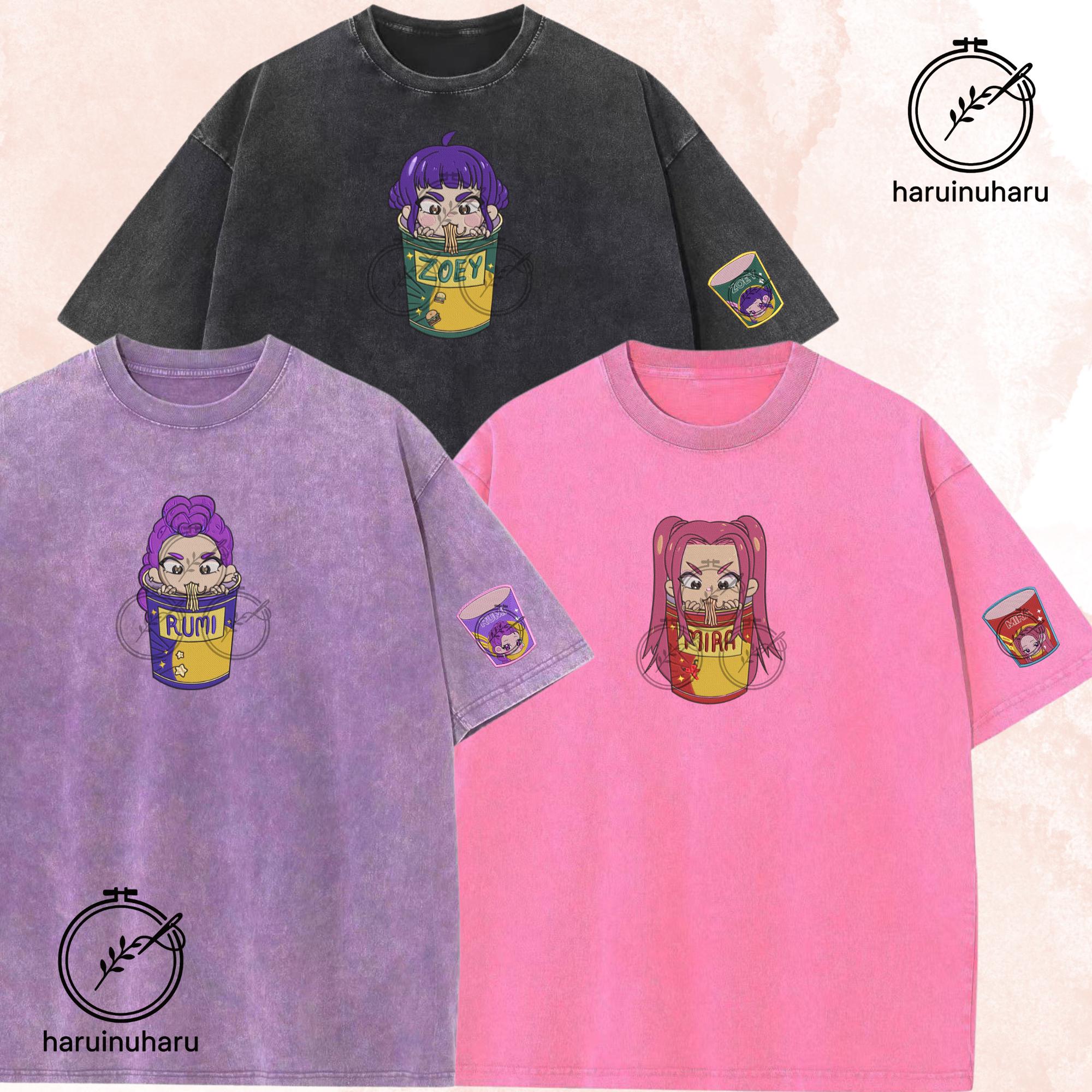 Embroidered KPOP Band Saja Girls Washed TShirt Ramyeon Demon Hunter Design