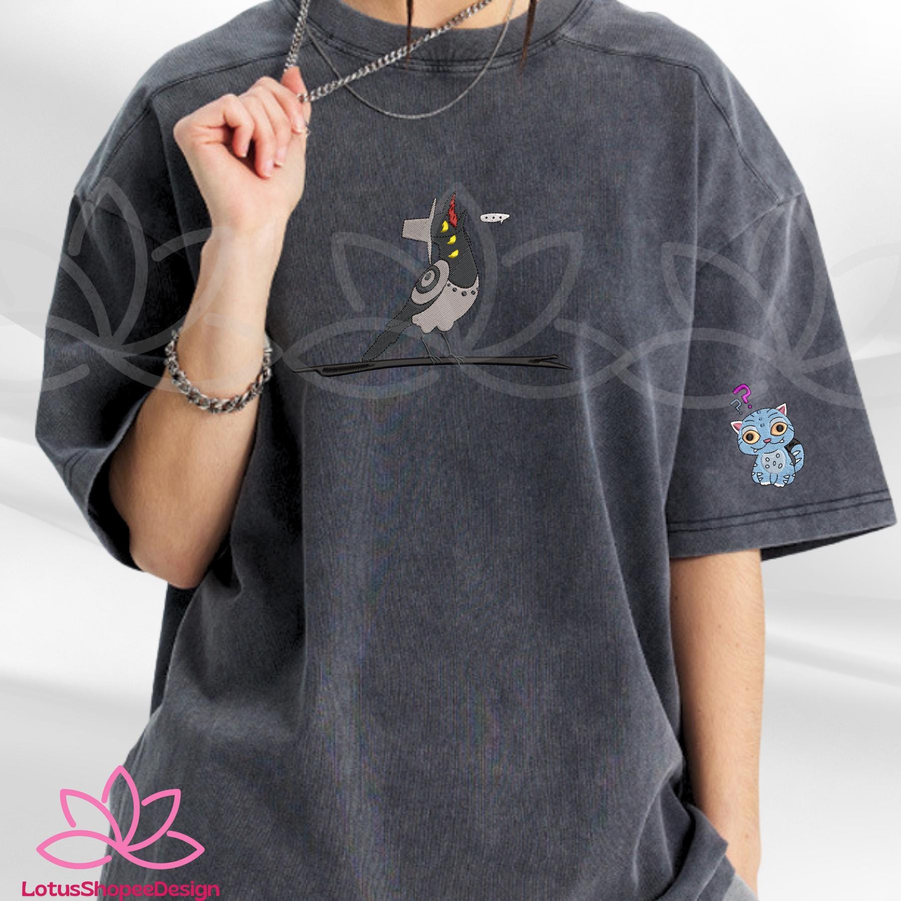 Embroidered Derpy Tiger And Bird Demon Hunter Washed TShirt Saja Tee