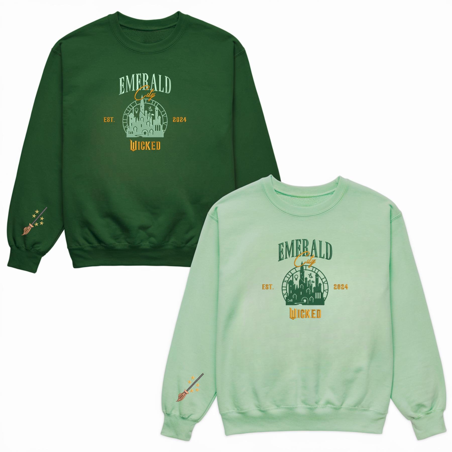 Wicked Wizard Of Oz Embroidered Sweatshirt Emerald City Hoodie Broomstick On Sleeve