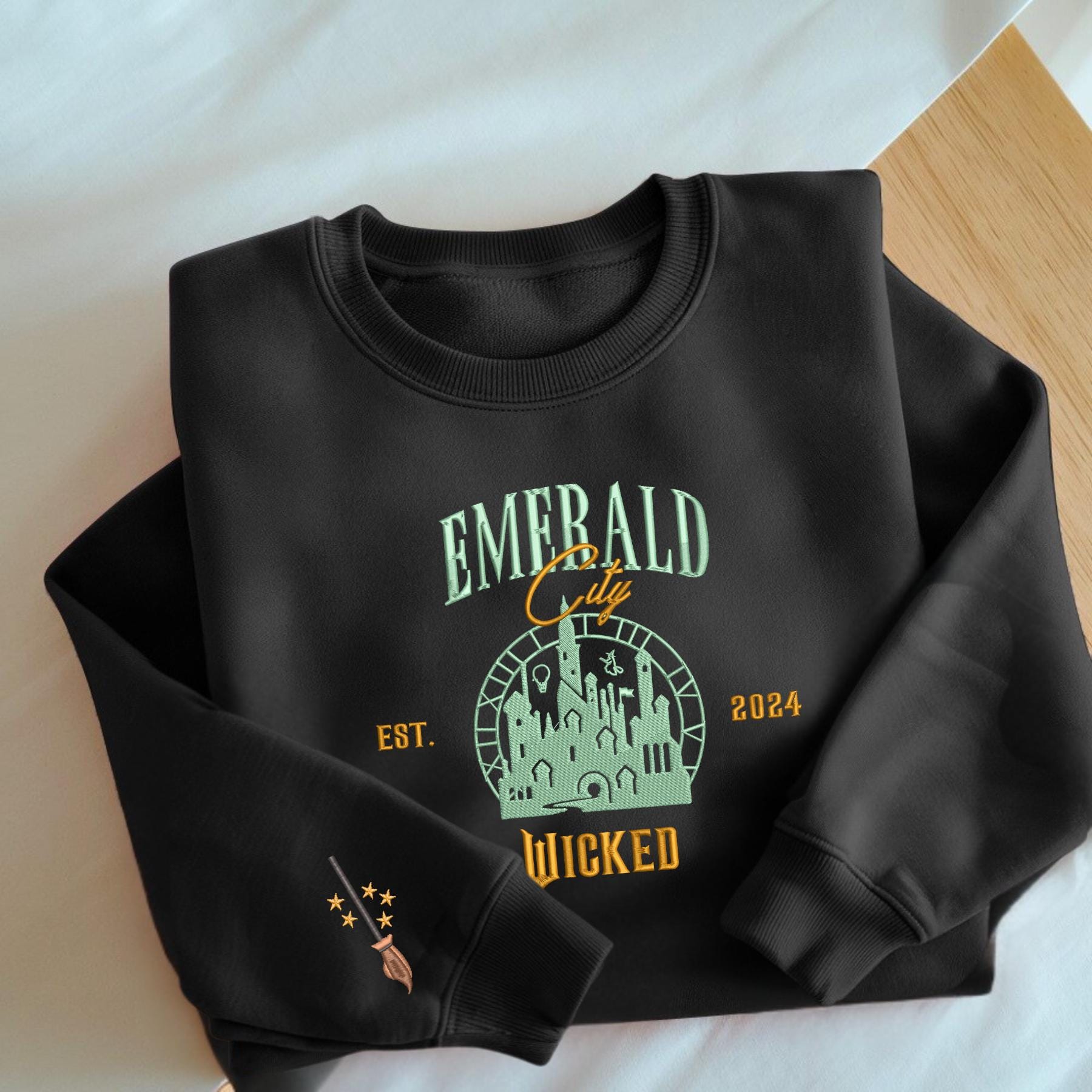 Wicked Wizard Of Oz Embroidered Sweatshirt Emerald City Hoodie Broomstick On Sleeve
