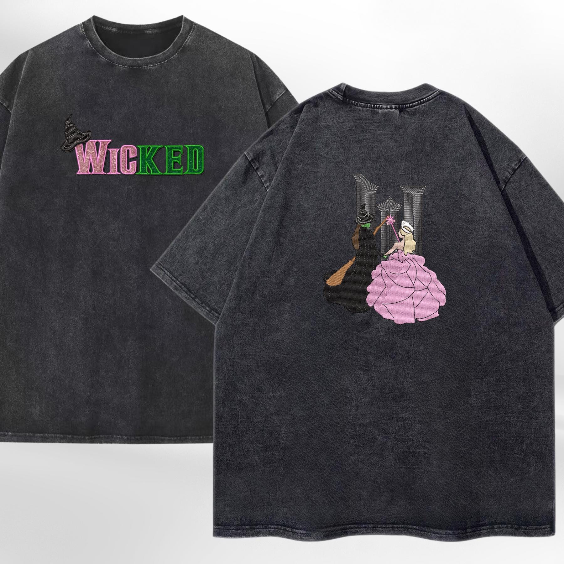 Embroidery Wicked Glitter Colorful Washed Tshirt Elphaba Glinda Defy Gravity Tee