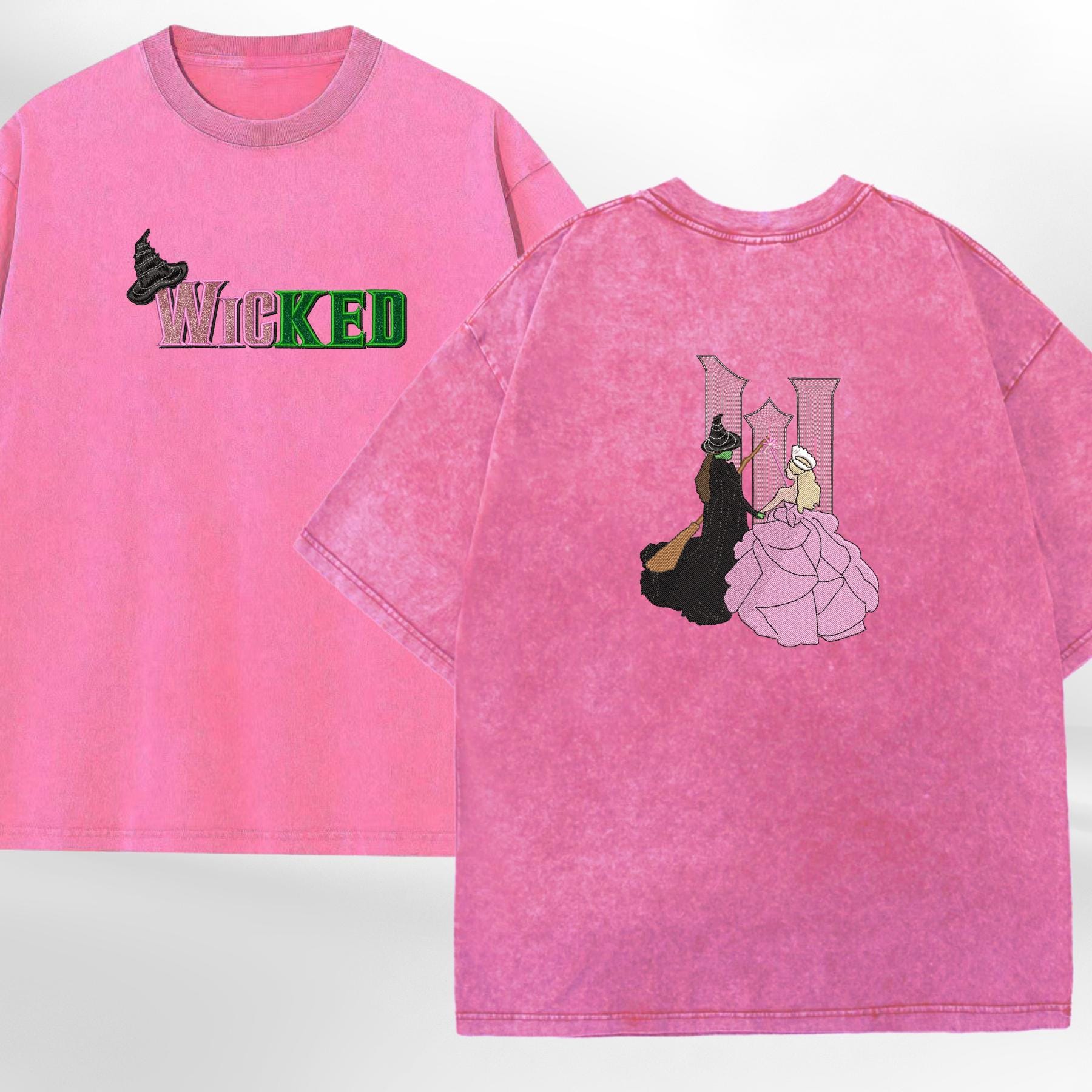 Embroidery Wicked Glitter Colorful Washed Tshirt Elphaba Glinda Defy Gravity Tee