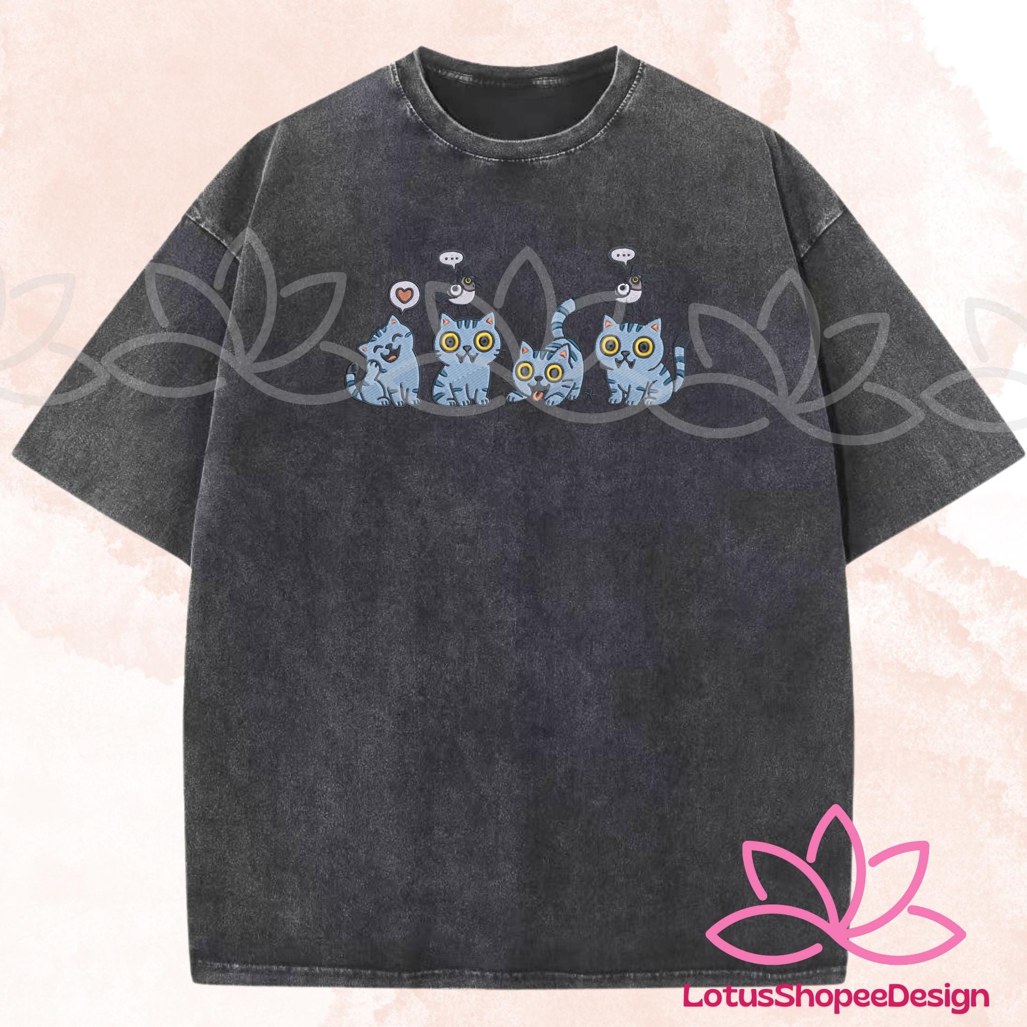 Four Cute Tiger And Bird Embroidered Demon Hunter Tee Funny Derpy
