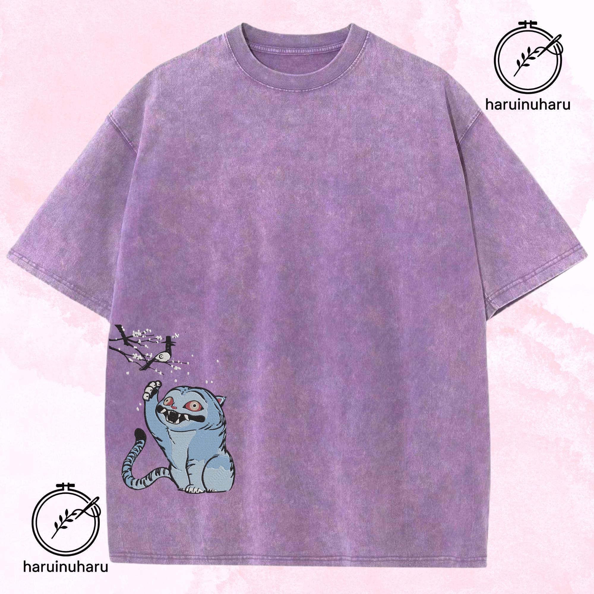 Embroidered Tiger And Bird Washed Shirt KPOP Demon Hunter Tee