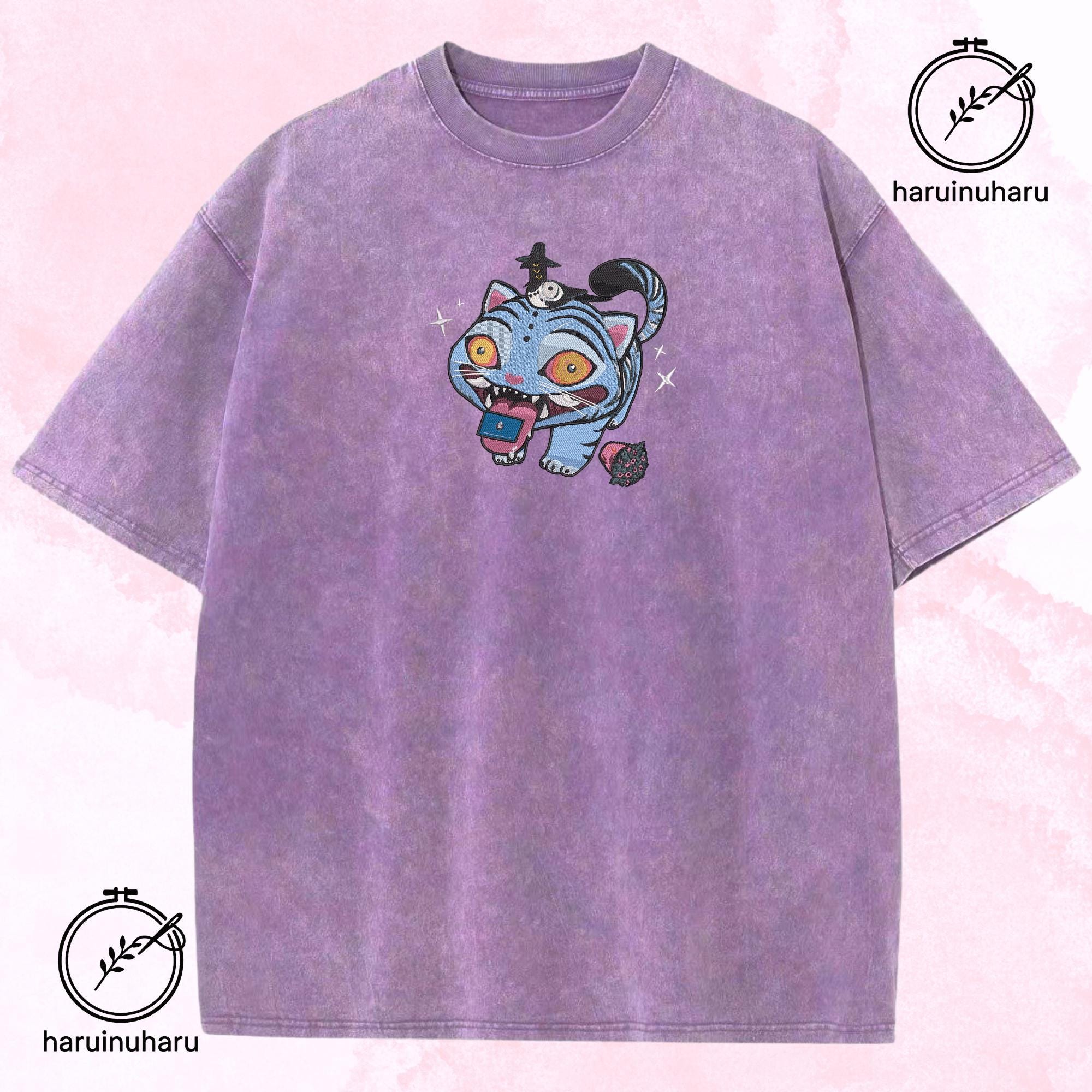 Embroidered Cat And Bird Demon Hunter Washed TShirt Hunters Tiger Tee