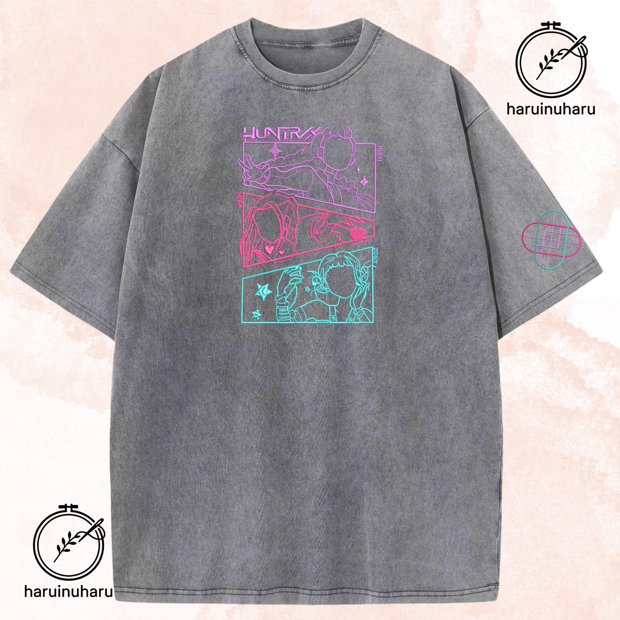 Embroidered KPOP Band Huntrix Washed TShirt Demon Hunter Line Design Tee