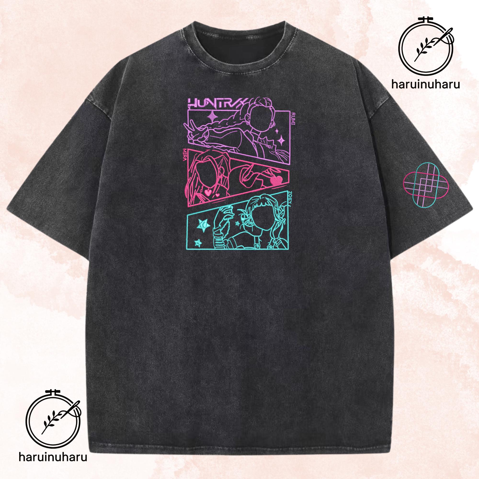 Embroidered KPOP Band Huntrix Washed TShirt Demon Hunter Line Design Tee