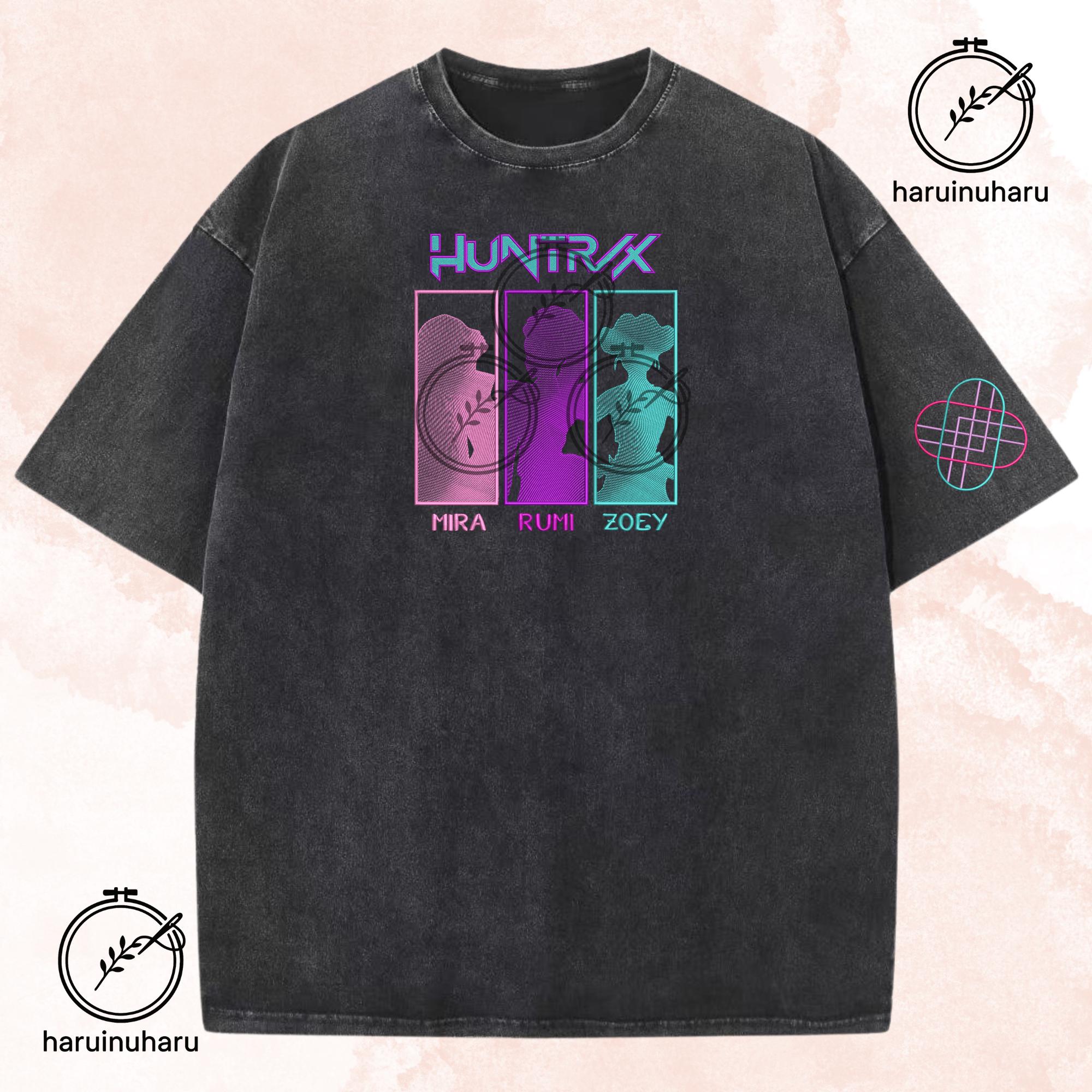 Embroidered KPOP Demon Hunter Huntrix Washed TShirt Gradient Design