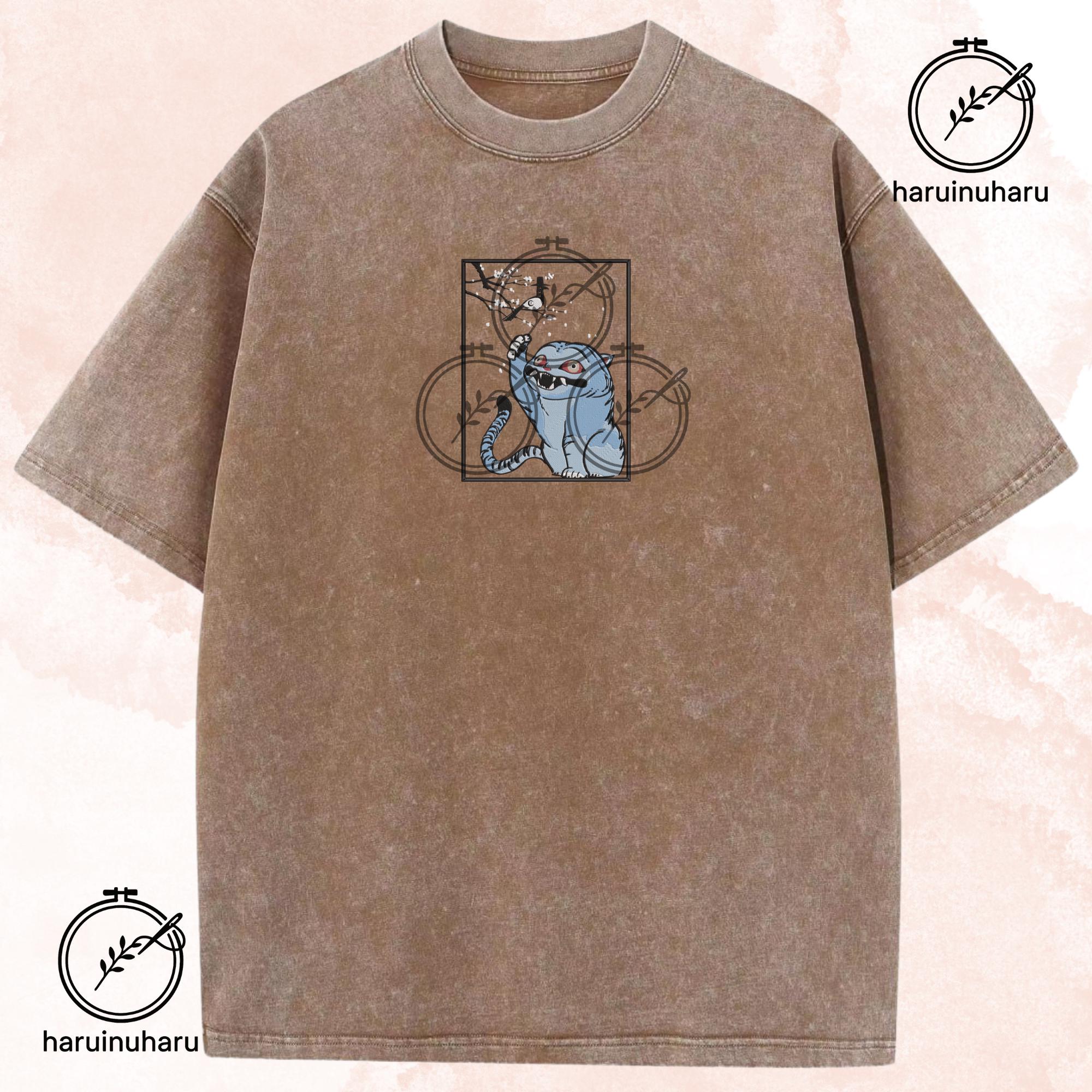 Embroidered KPOP Demon Hunter Washed Shirt Funny Derpy Tiger TShirt