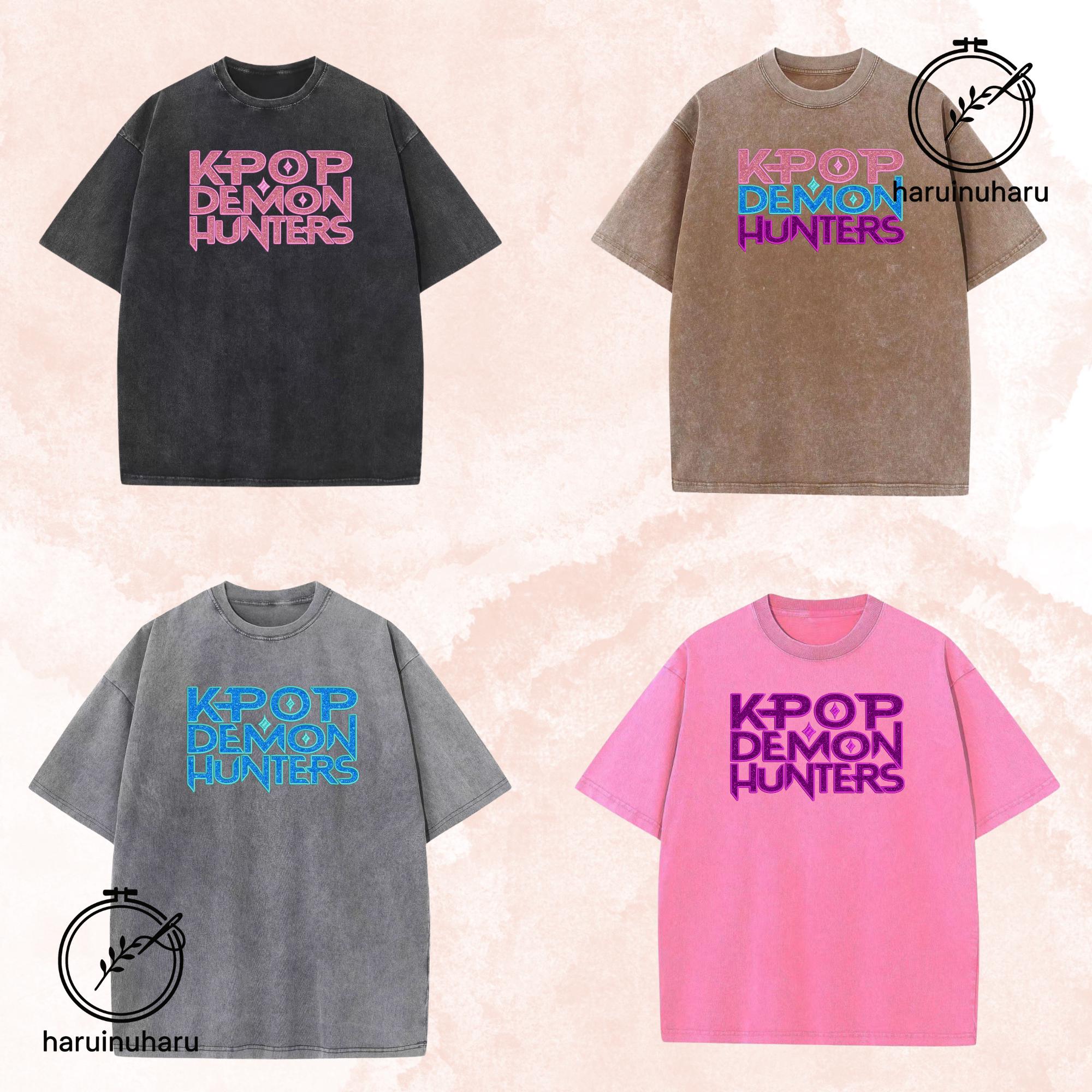 Glitter Embroidered KPOP Band Huntrix Washed TShirt Demon Hunter Design