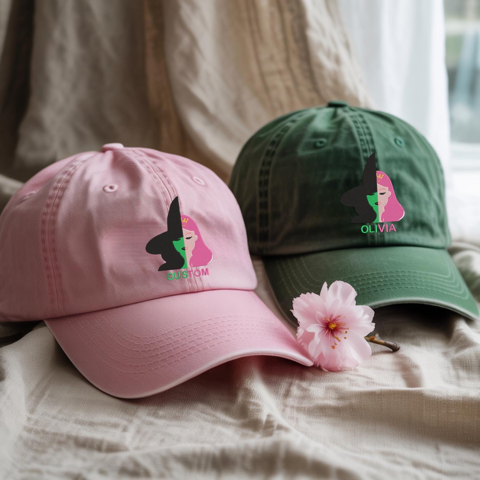 Custom Embroidered Elphaba And Glinda With 2 Color Name Washed Hat Defy Gravity Cap Wicked Fan Gift