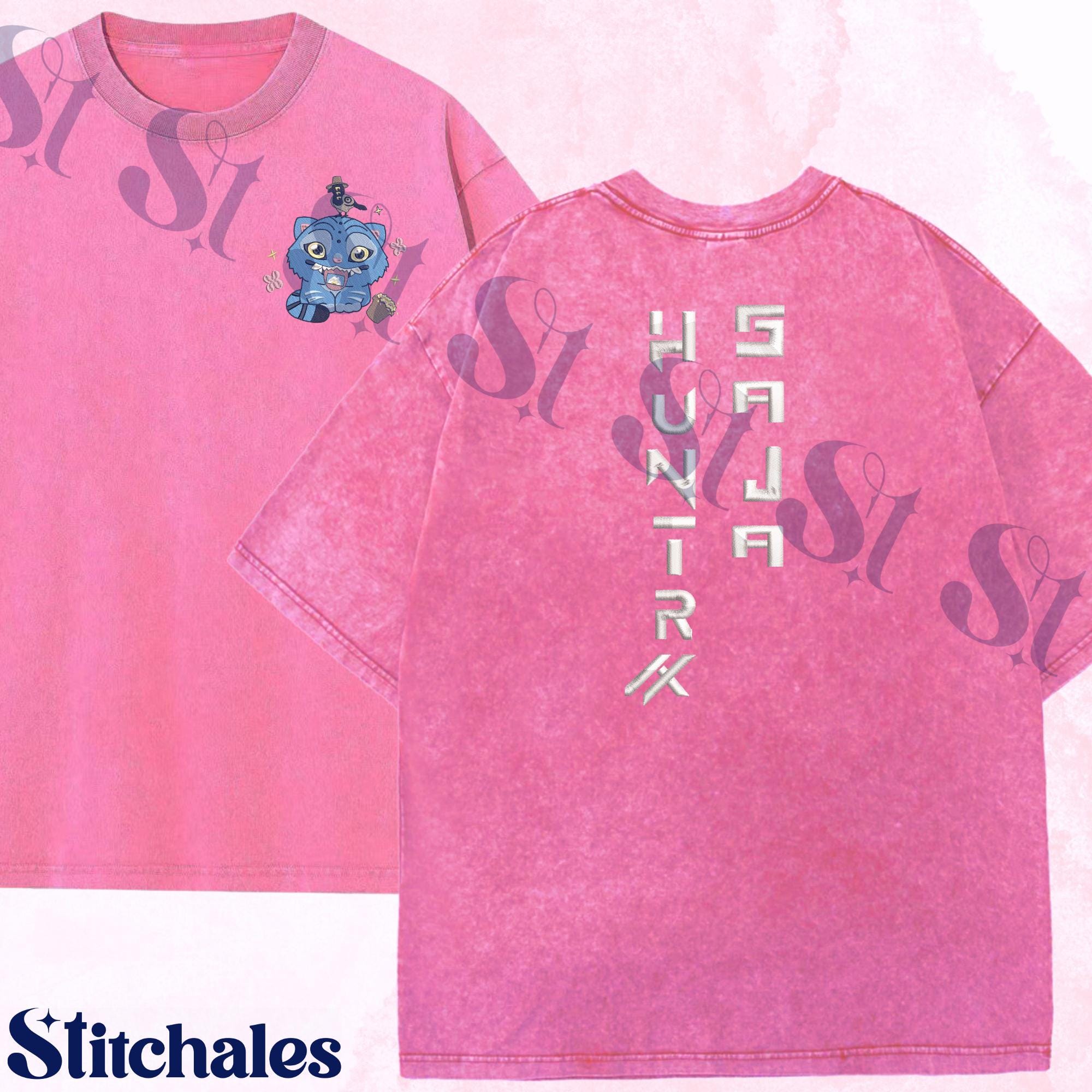 Embroidery Cat And Bird Demon Hunter Washed TShirt Saja Huntrix On The Back