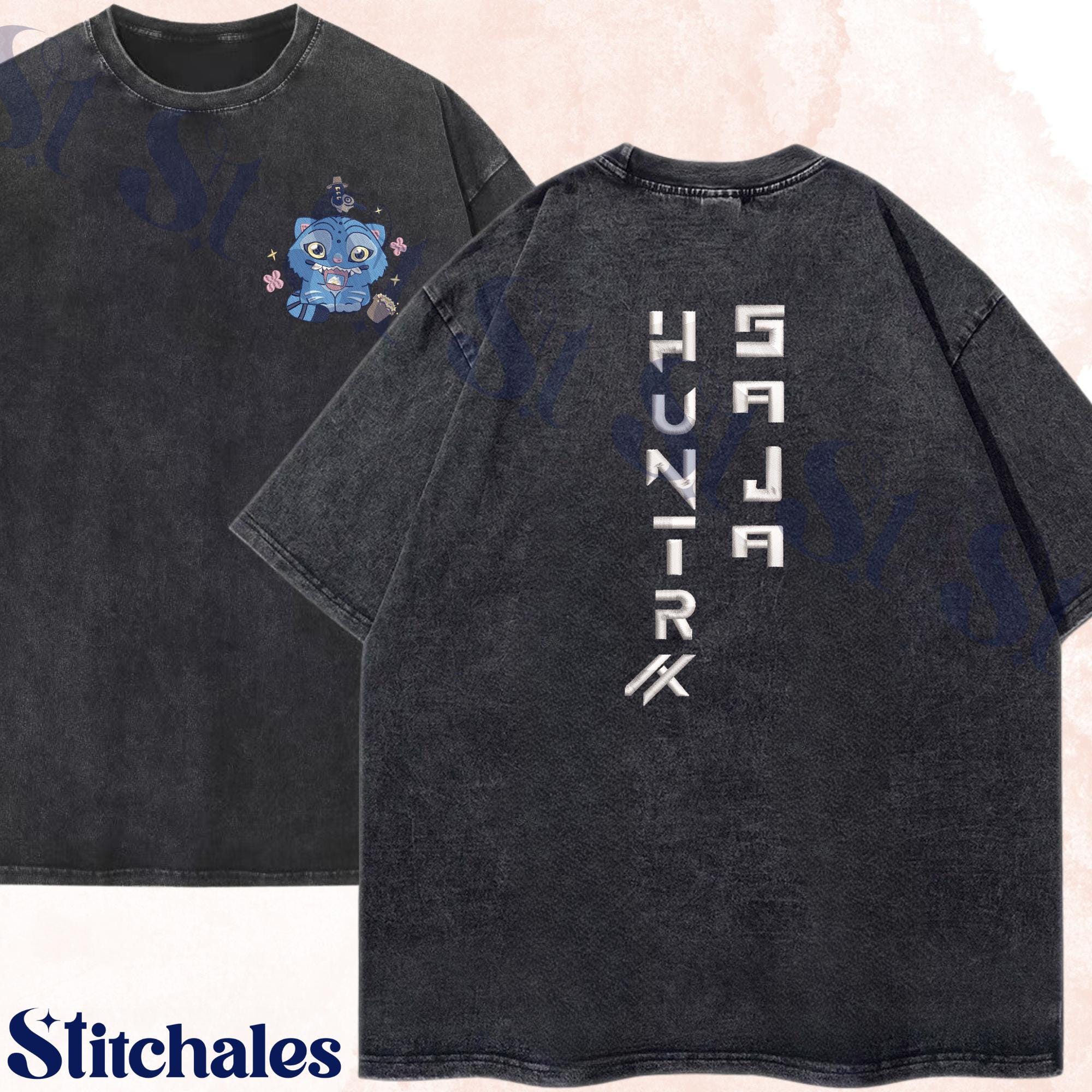Embroidery Cat And Bird Demon Hunter Washed TShirt Saja Huntrix On The Back